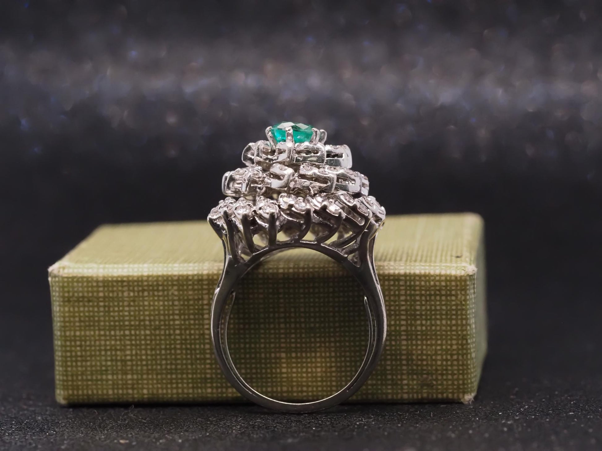 Estate 14K 1970s 14K White Gold Emerald and Diamond Cocktail Ring - VHK#994A