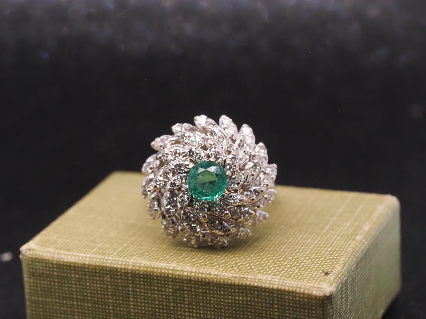 Estate 14K 1970s 14K White Gold Emerald and Diamond Cocktail Ring - VHK#994A