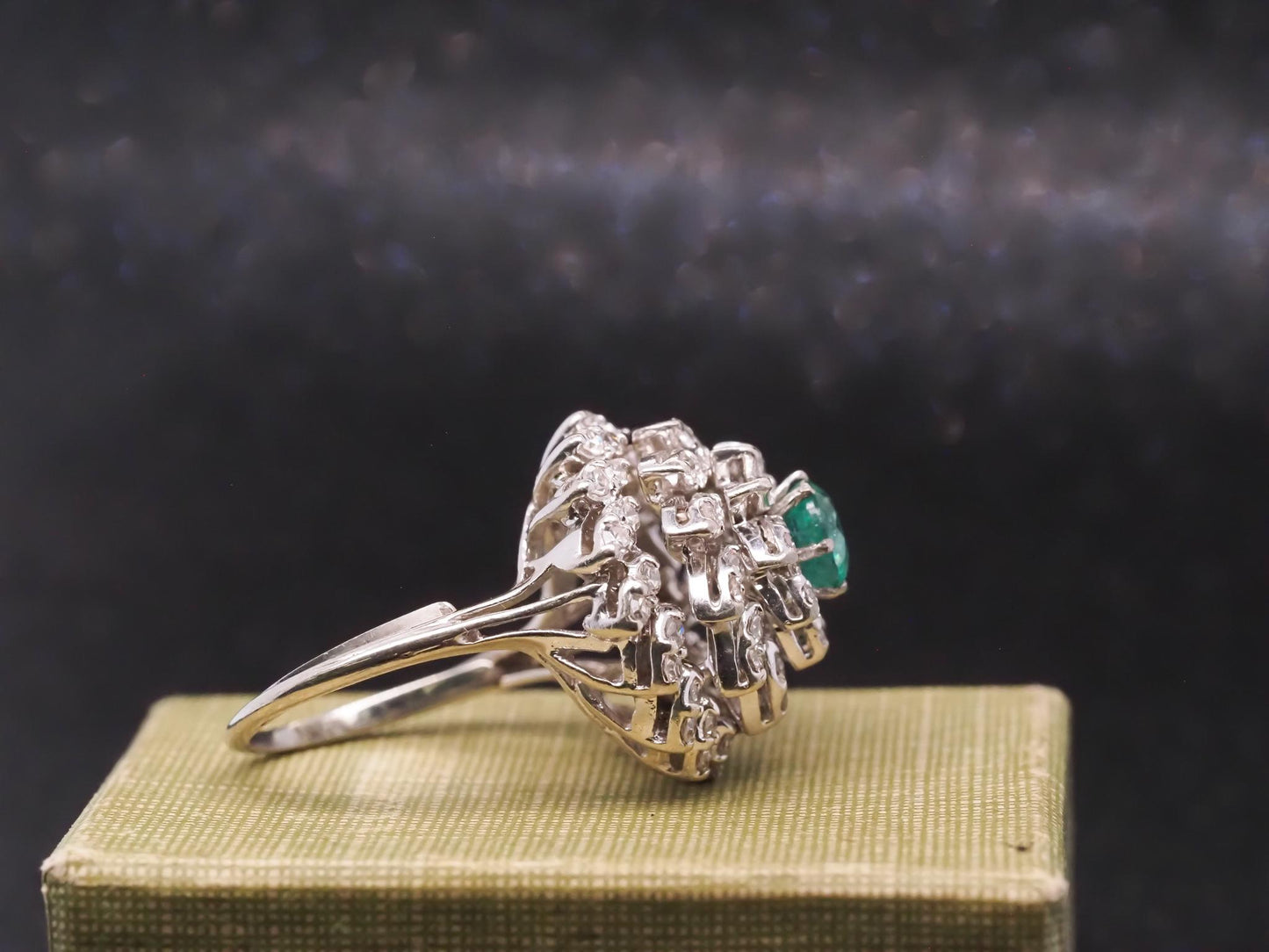 Estate 14K 1970s 14K White Gold Emerald and Diamond Cocktail Ring - VHK#994A