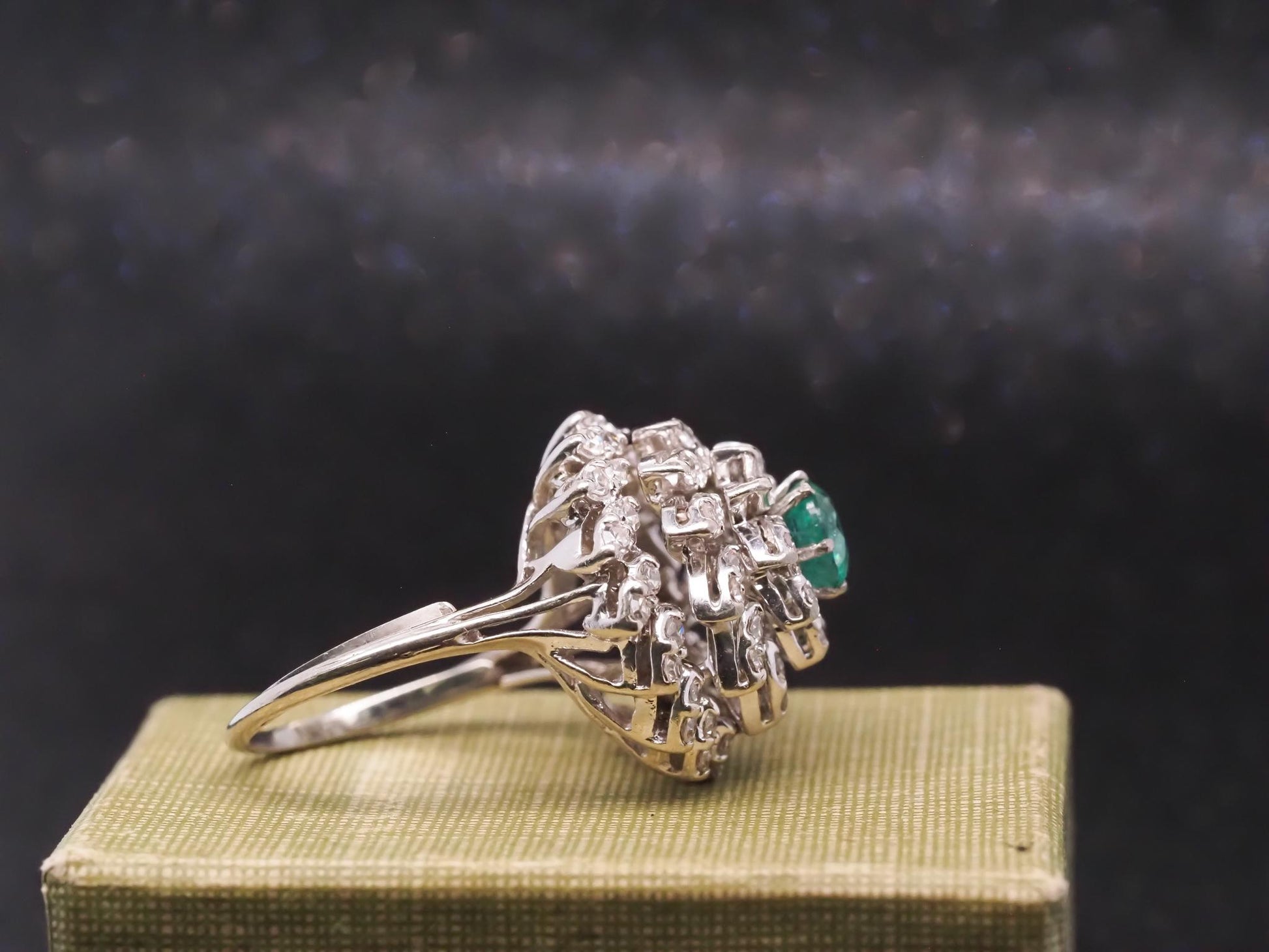 Estate 14K 1970s 14K White Gold Emerald and Diamond Cocktail Ring - VHK#994A