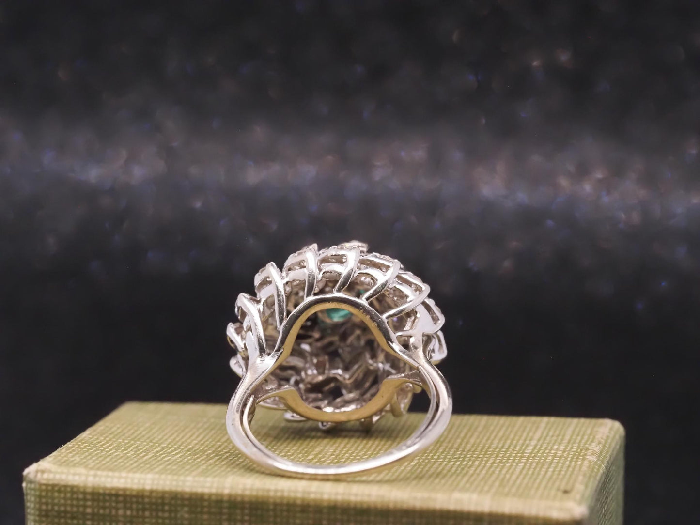 Estate 14K 1970s 14K White Gold Emerald and Diamond Cocktail Ring - VHK#994A
