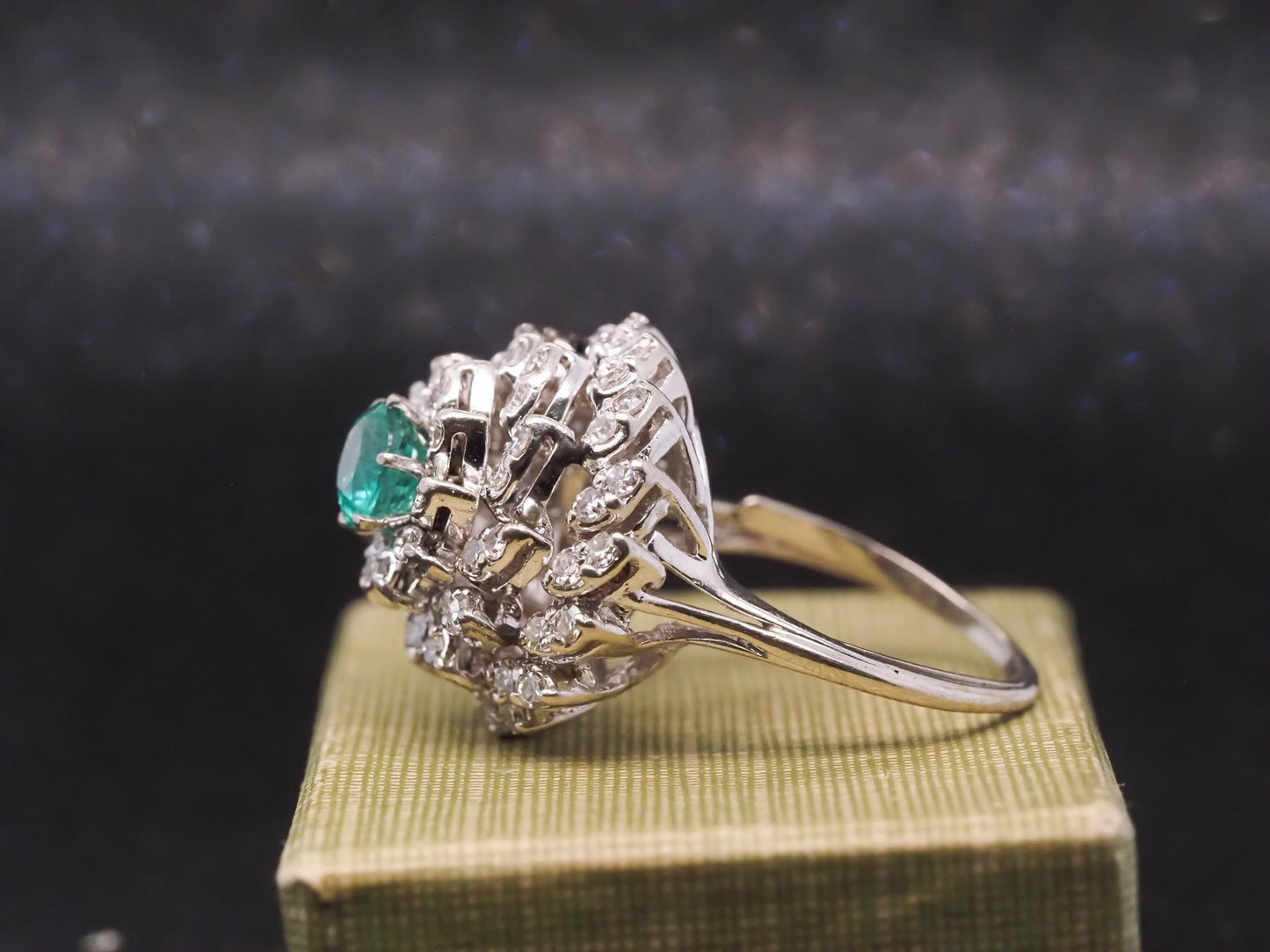 Estate 14K 1970s 14K White Gold Emerald and Diamond Cocktail Ring - VHK#994A
