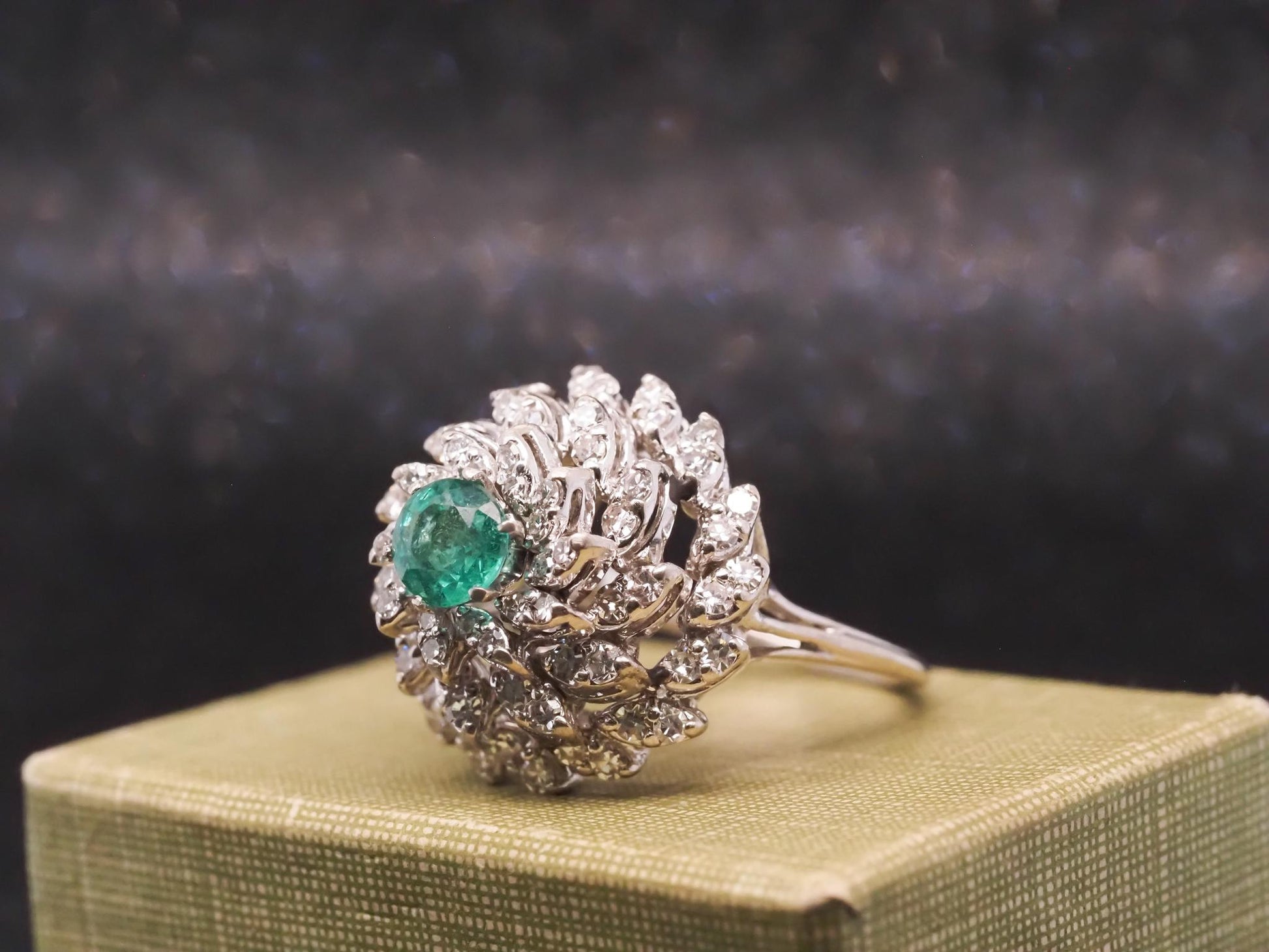 Estate 14K 1970s 14K White Gold Emerald and Diamond Cocktail Ring - VHK#994A