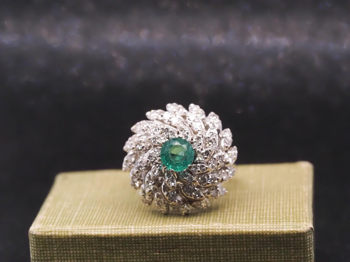 Estate 14K 1970s 14K White Gold Emerald and Diamond Cocktail Ring - VHK#994A
