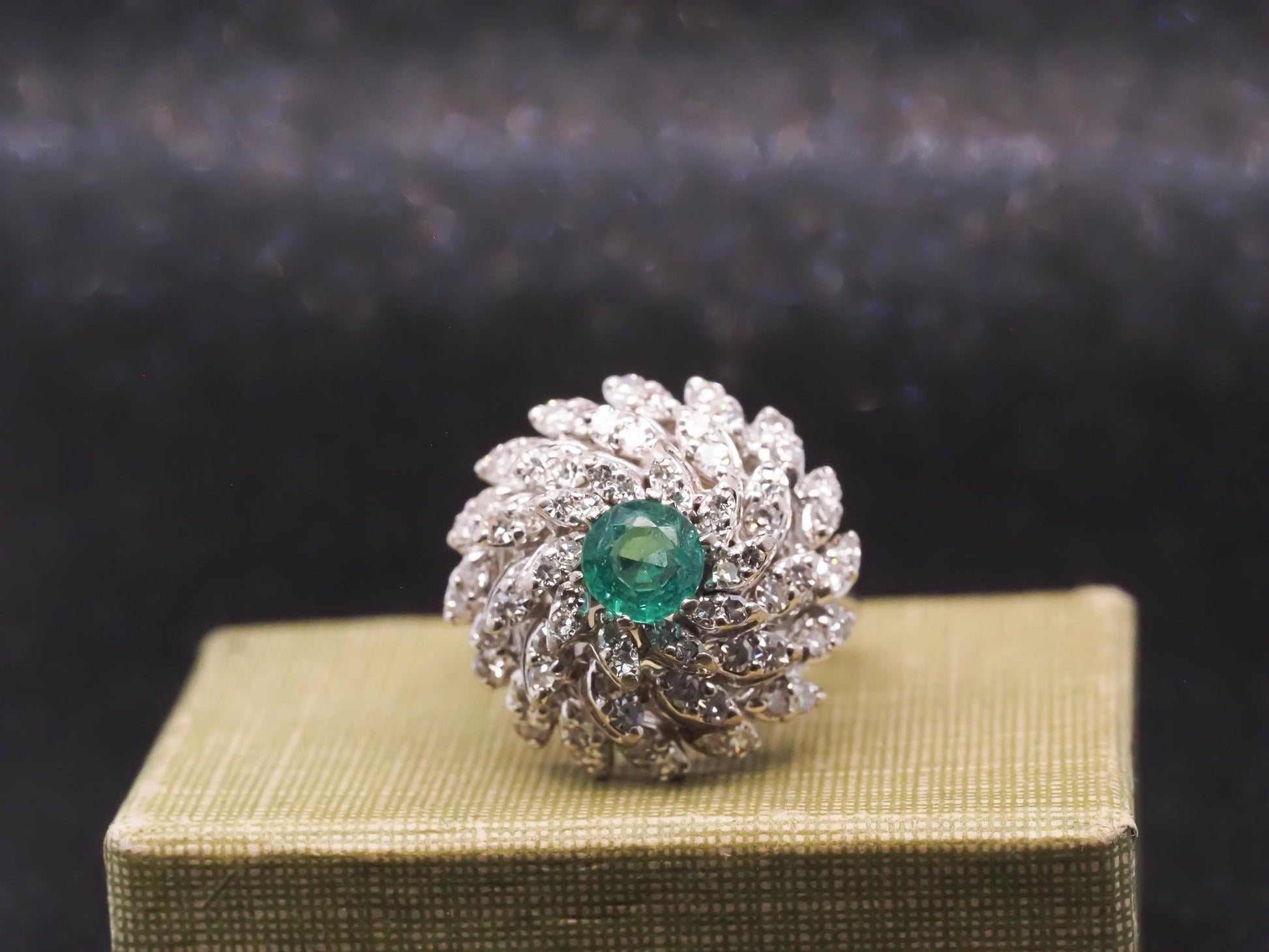 Estate 14K 1970s 14K White Gold Emerald and Diamond Cocktail Ring - VHK#994A