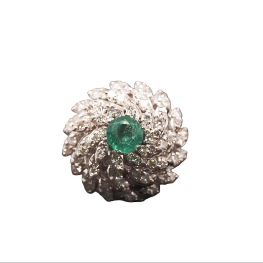 Estate 14K 1970s 14K White Gold Emerald and Diamond Cocktail Ring - VHK#994A