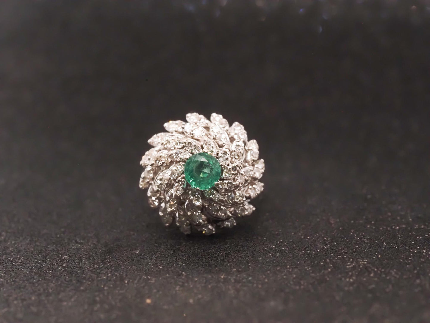 Estate 14K 1970s 14K White Gold Emerald and Diamond Cocktail Ring - VHK#994A