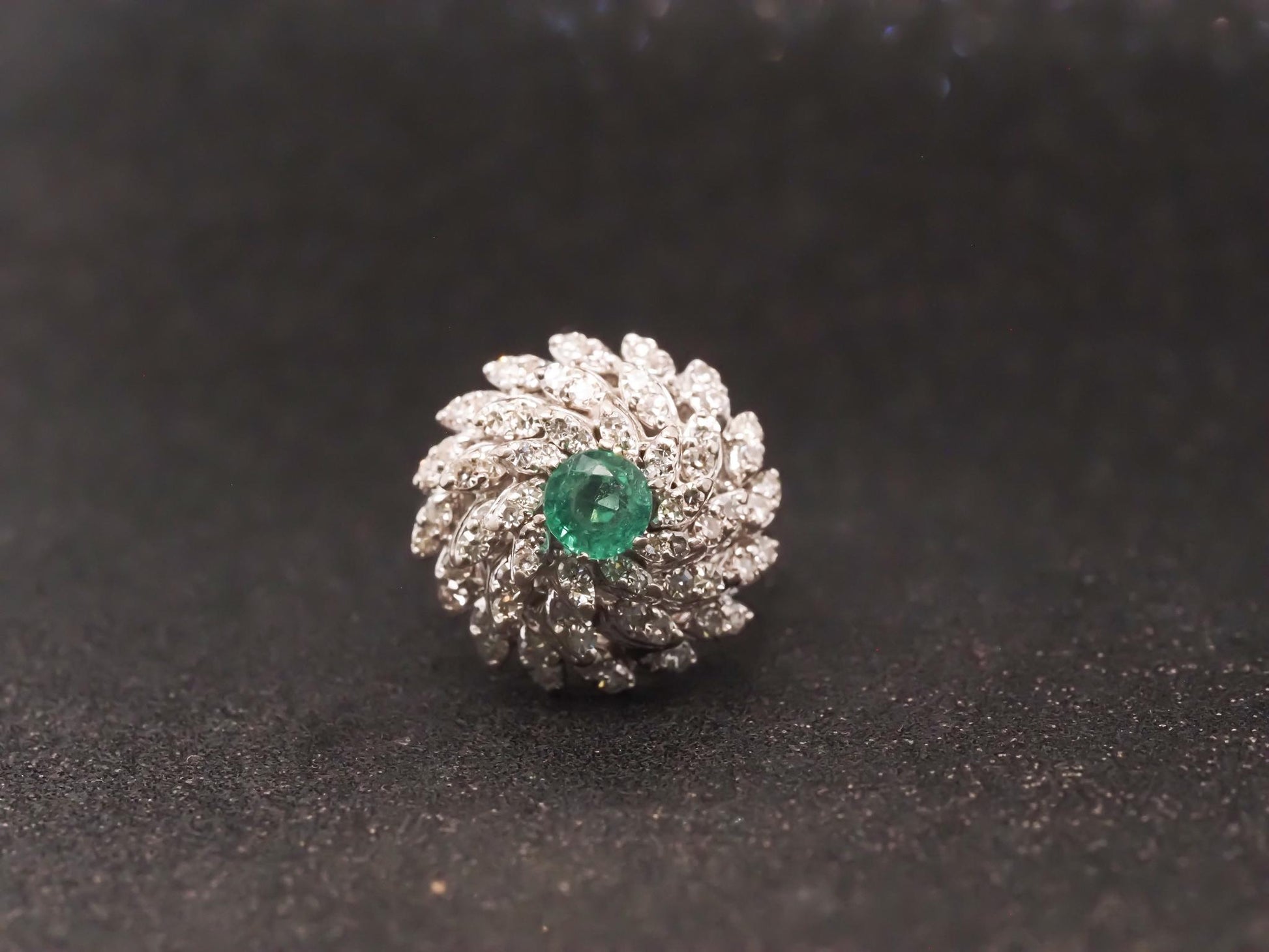Estate 14K 1970s 14K White Gold Emerald and Diamond Cocktail Ring - VHK#994A