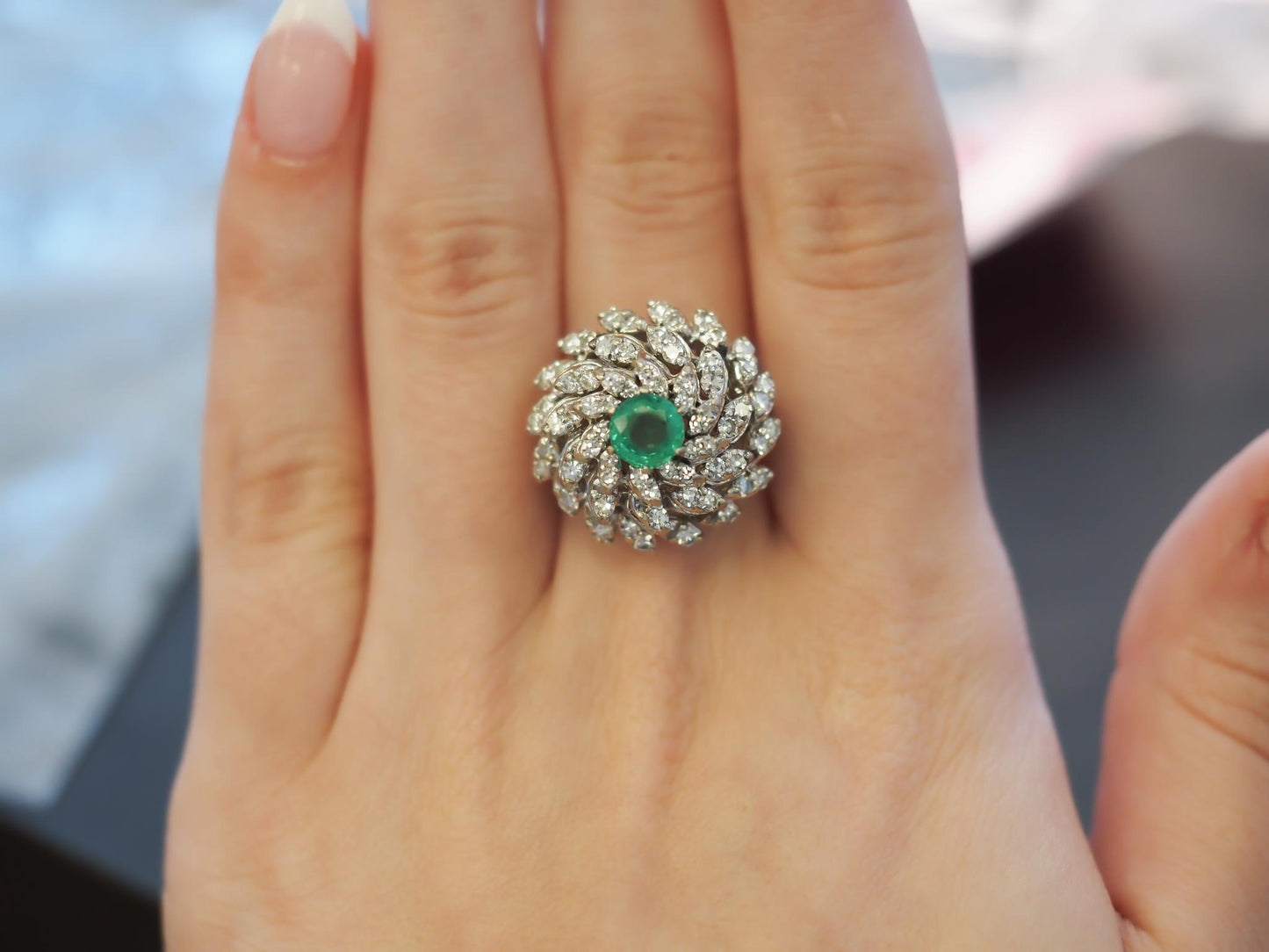 Estate 14K 1970s 14K White Gold Emerald and Diamond Cocktail Ring - VHK#994A