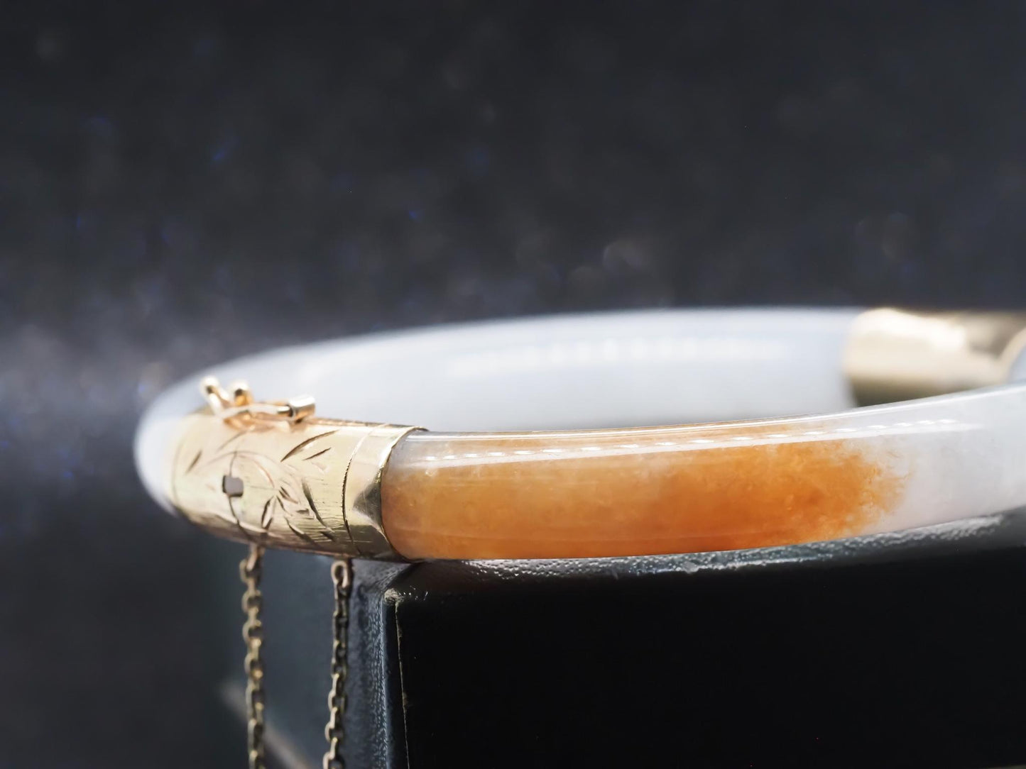 Estate 14K Yellow Gold Jade Bangle with Green and Brown Tone
