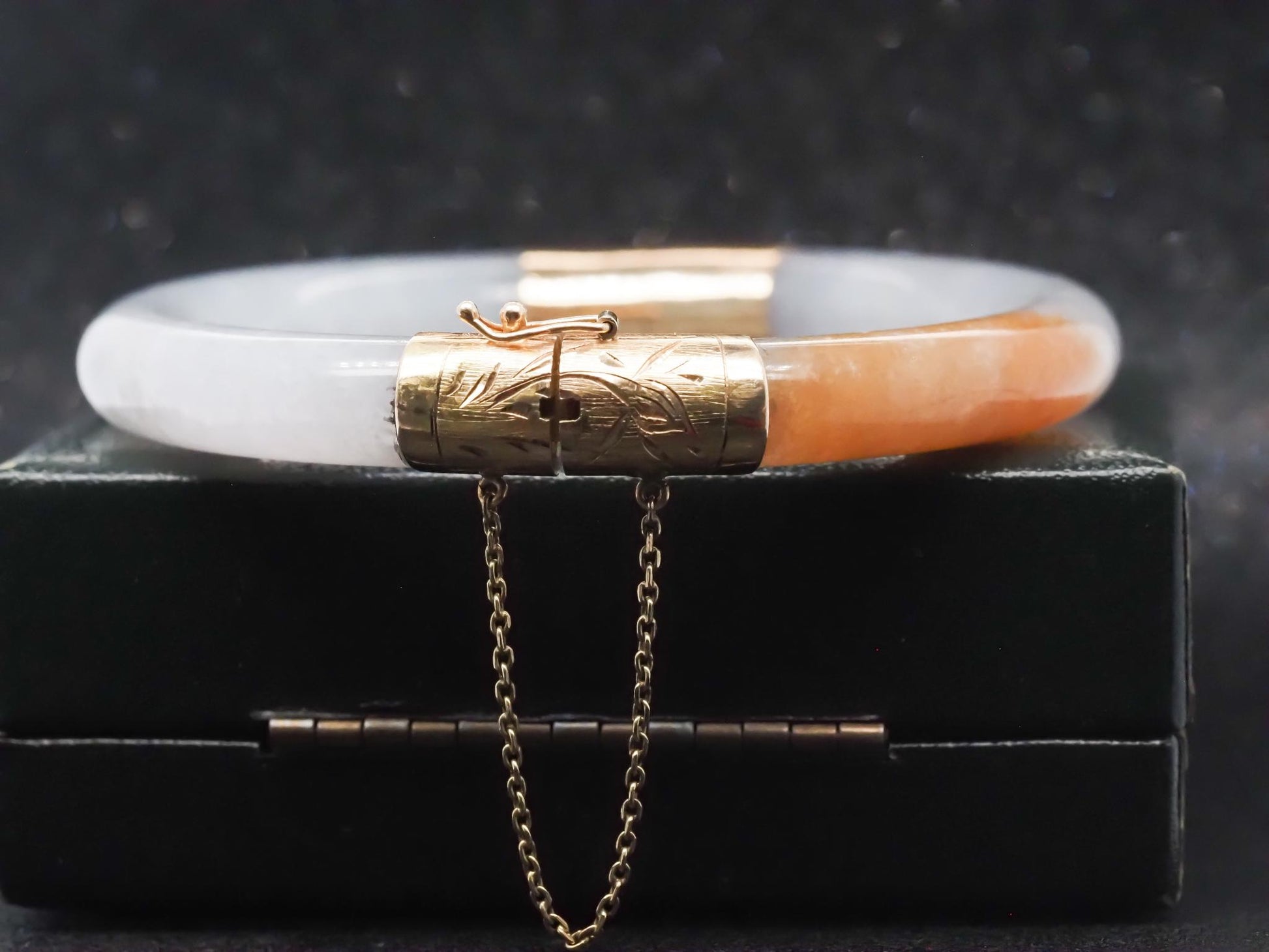 Estate 14K Yellow Gold Jade Bangle with Green and Brown Tone