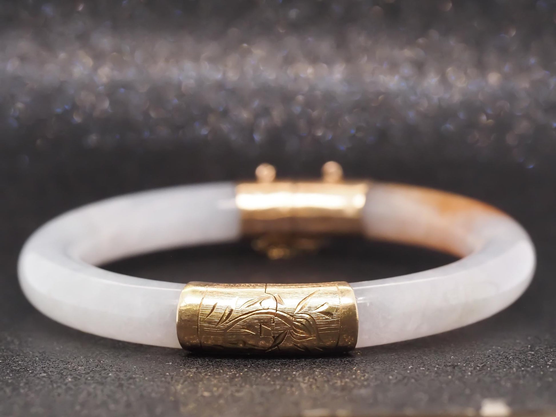Estate 14K Yellow Gold Jade Bangle with Green and Brown Tone