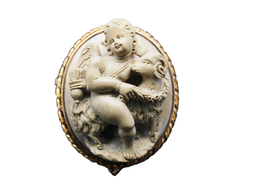 Victorian 19K Yellow Gold High Relief Lava Cherub Cameo Brooch - VHK#441a