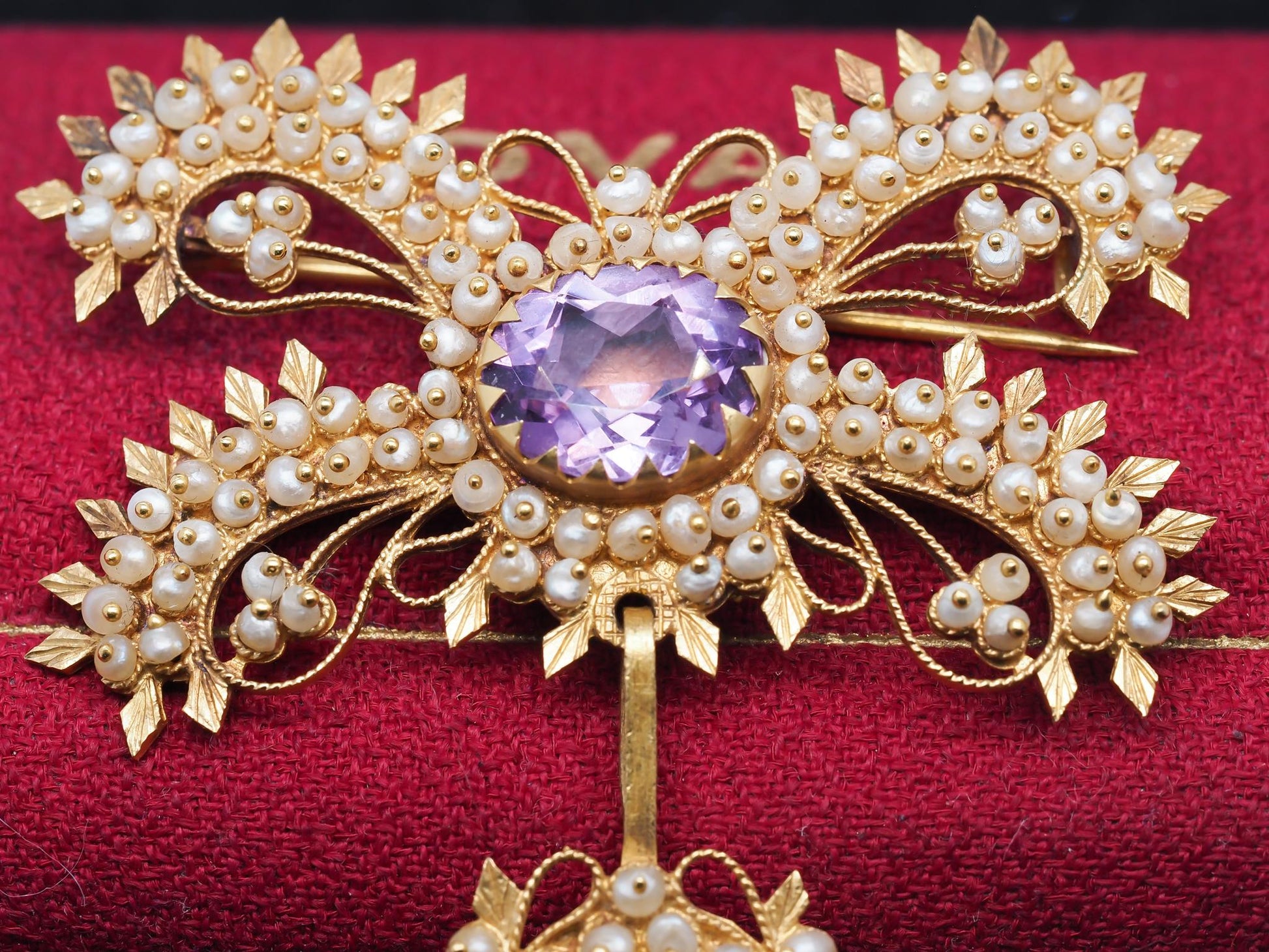 Georgian Canetille 15K Yellow Gold Amethyst, Citrine & Seed Pearl Pendant Brooch