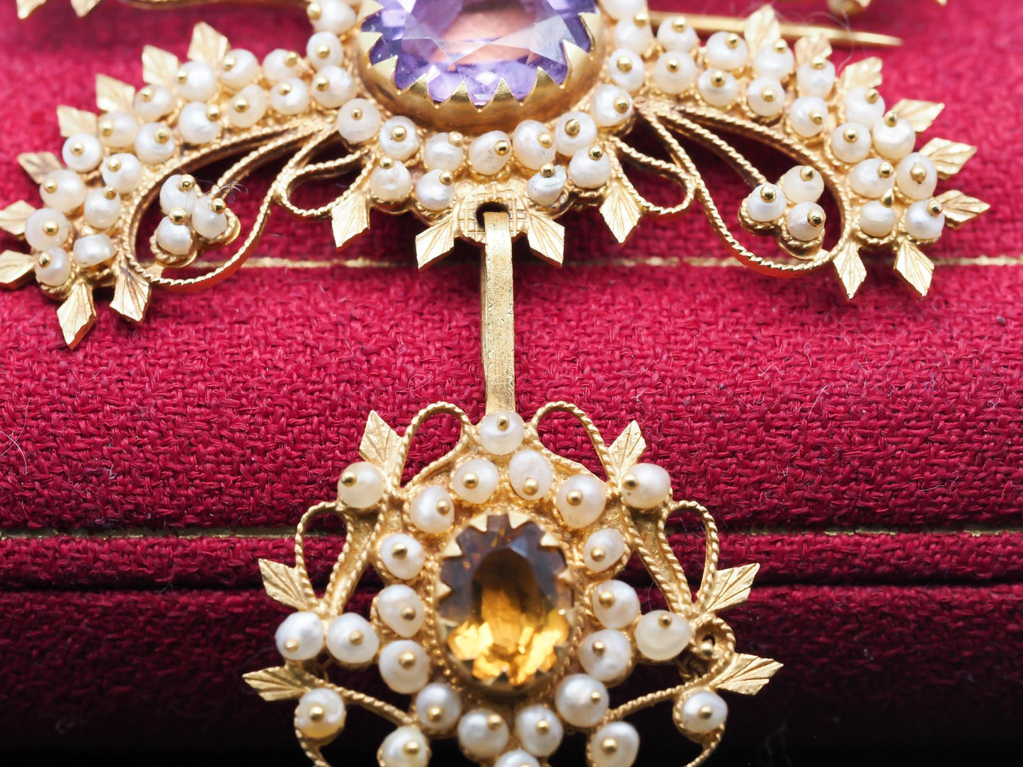 Georgian Canetille 15K Yellow Gold Amethyst, Citrine & Seed Pearl Pendant Brooch