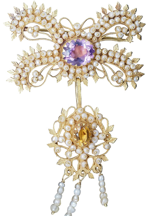 Georgian Canetille 15K Yellow Gold Amethyst, Citrine & Seed Pearl Pendant Brooch