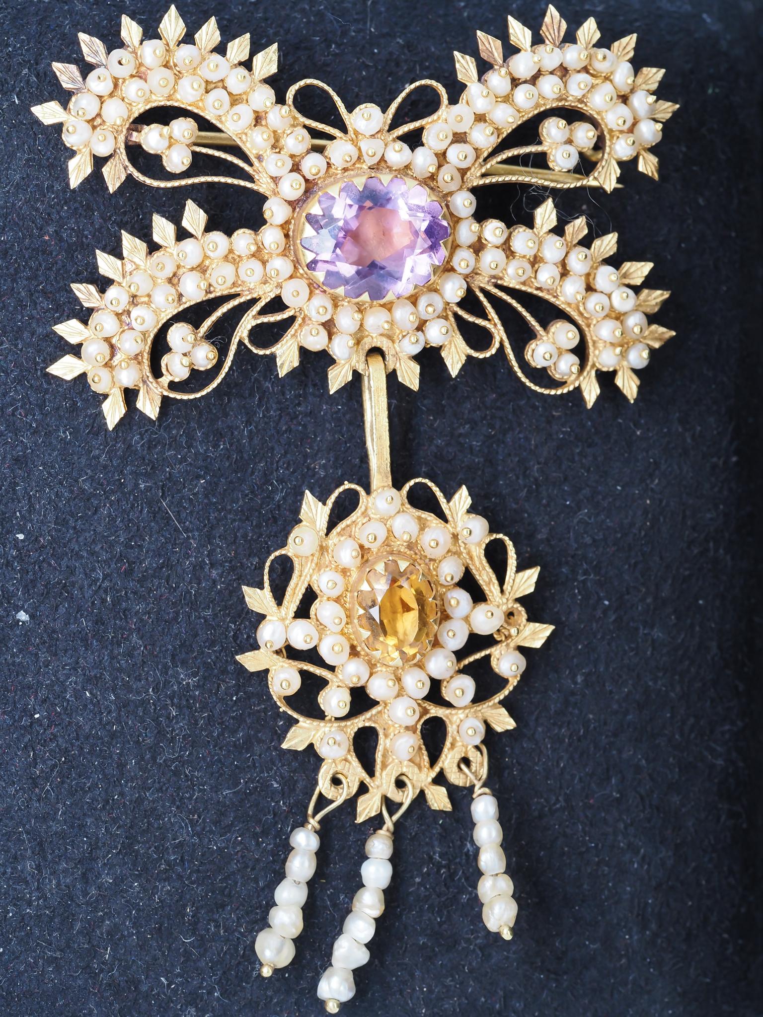 Georgian Canetille 15K Yellow Gold Amethyst, Citrine & Seed Pearl Pendant Brooch