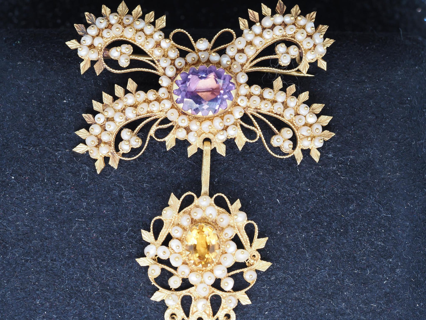 Georgian Canetille 15K Yellow Gold Amethyst, Citrine & Seed Pearl Pendant Brooch