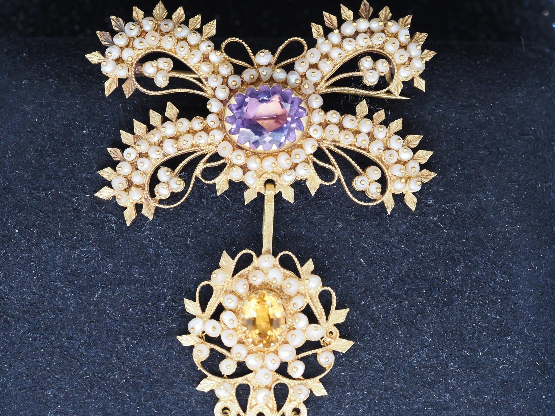 Georgian Canetille 15K Yellow Gold Amethyst, Citrine & Seed Pearl Pendant Brooch