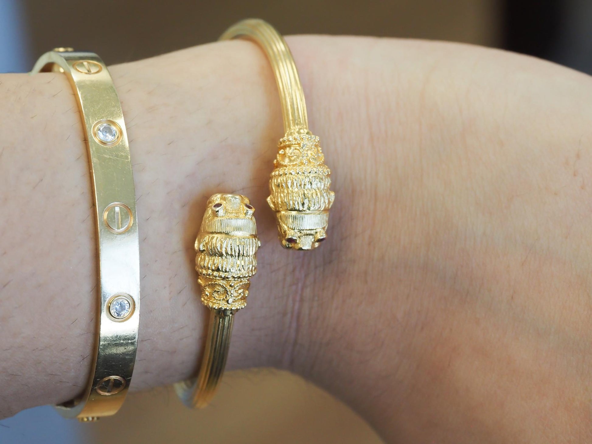 Estate 18K Yellow Gold Ruby Lion Bypass Bracelet -VHK#336B