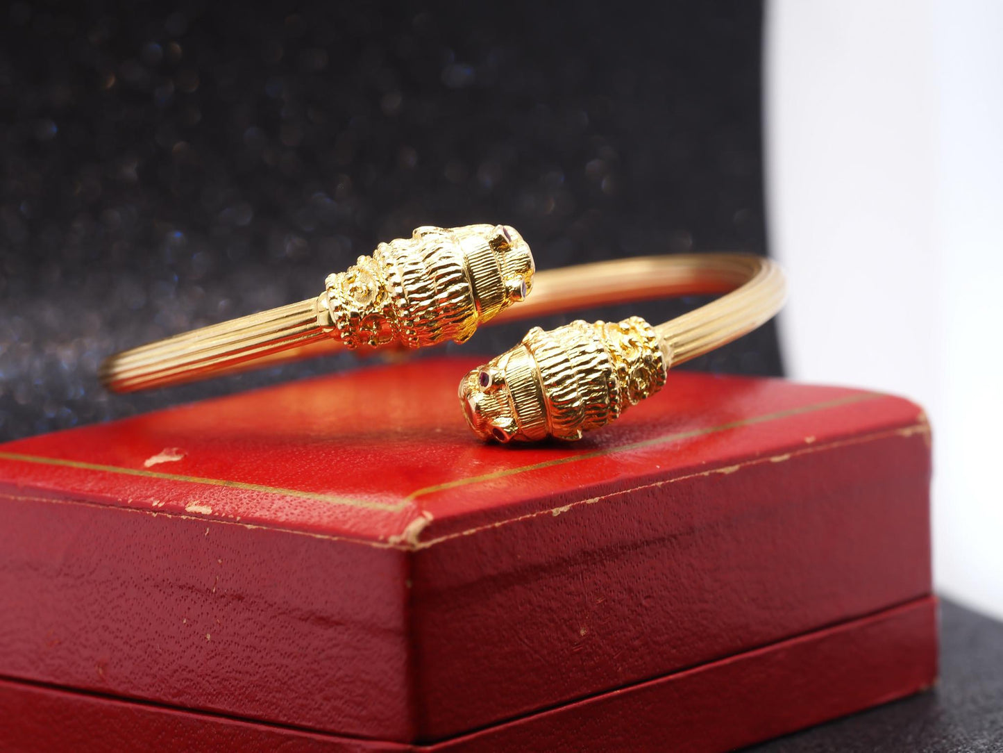 Estate 18K Yellow Gold Ruby Lion Bypass Bracelet -VHK#336B