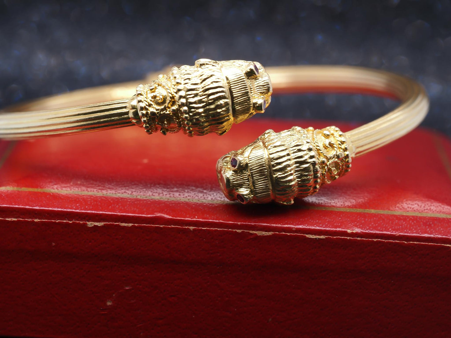 Estate 18K Yellow Gold Ruby Lion Bypass Bracelet -VHK#336B
