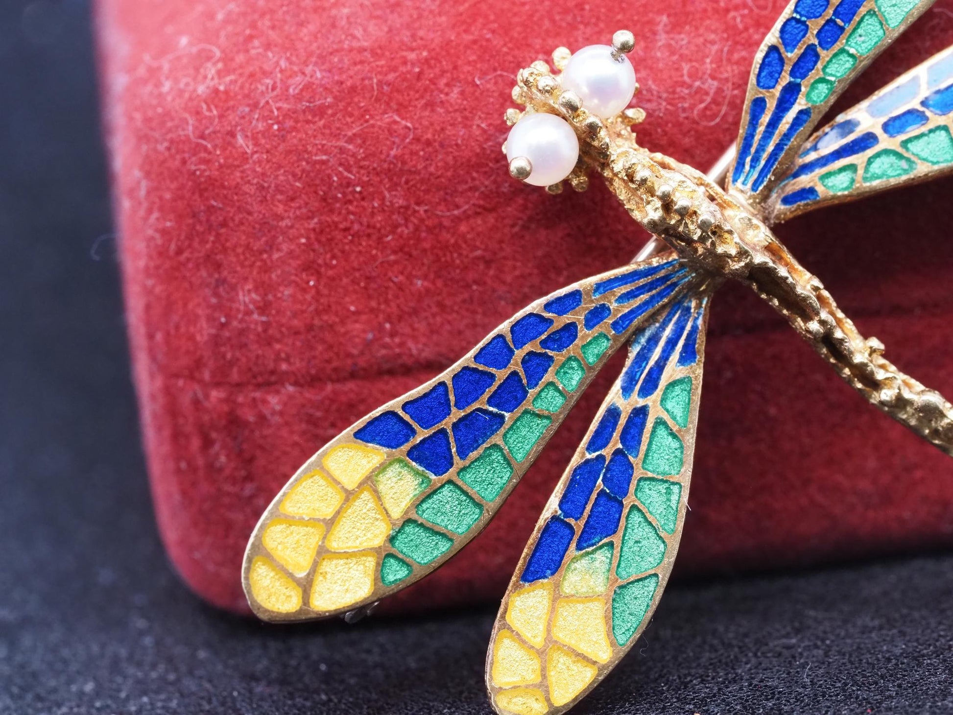 Estate 18K Yellow Gold Enamel Dragonfly Brooch with Enamel and Pearl - VHK#140C