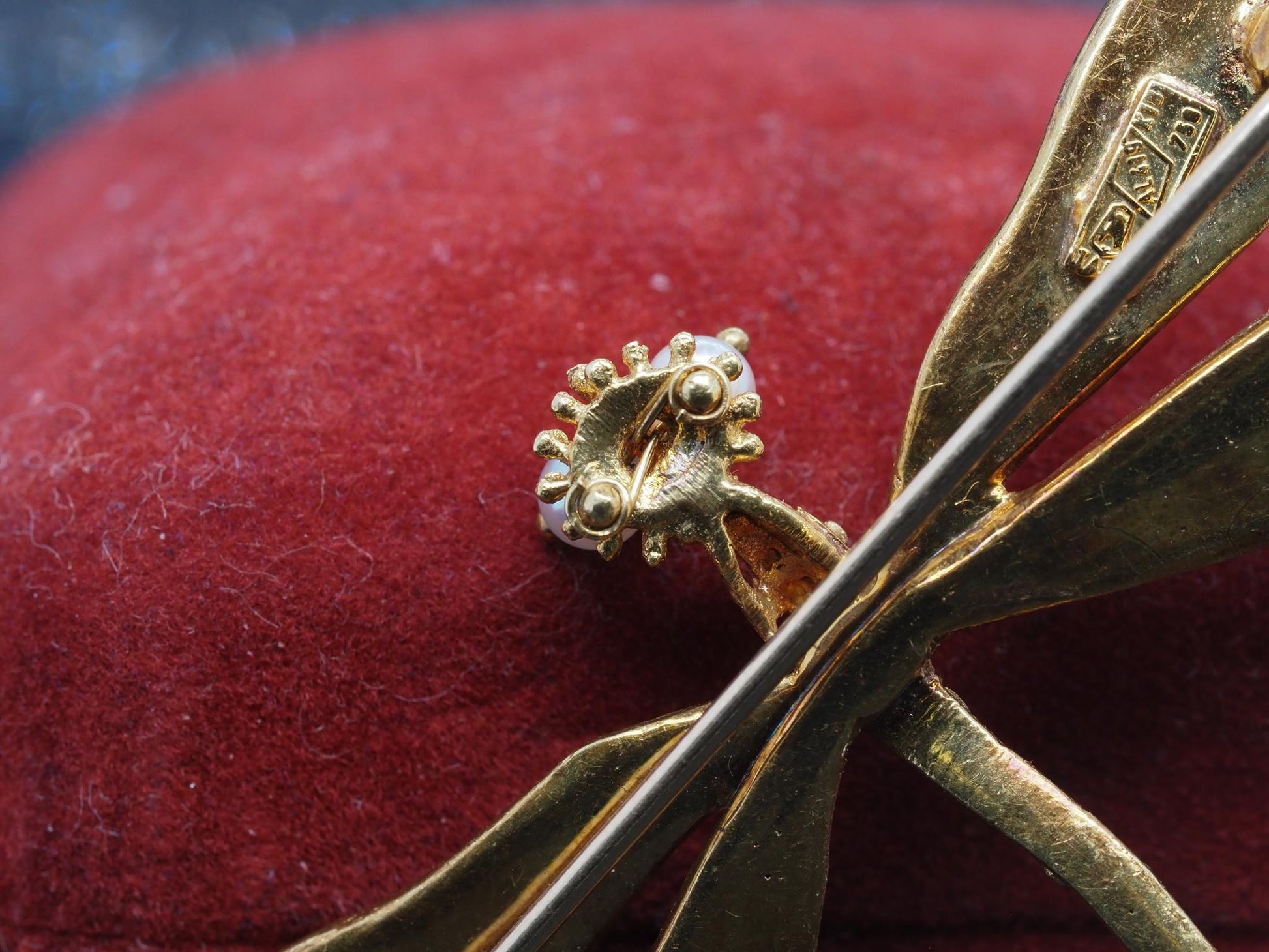 Estate 18K Yellow Gold Enamel Dragonfly Brooch with Enamel and Pearl - VHK#140C