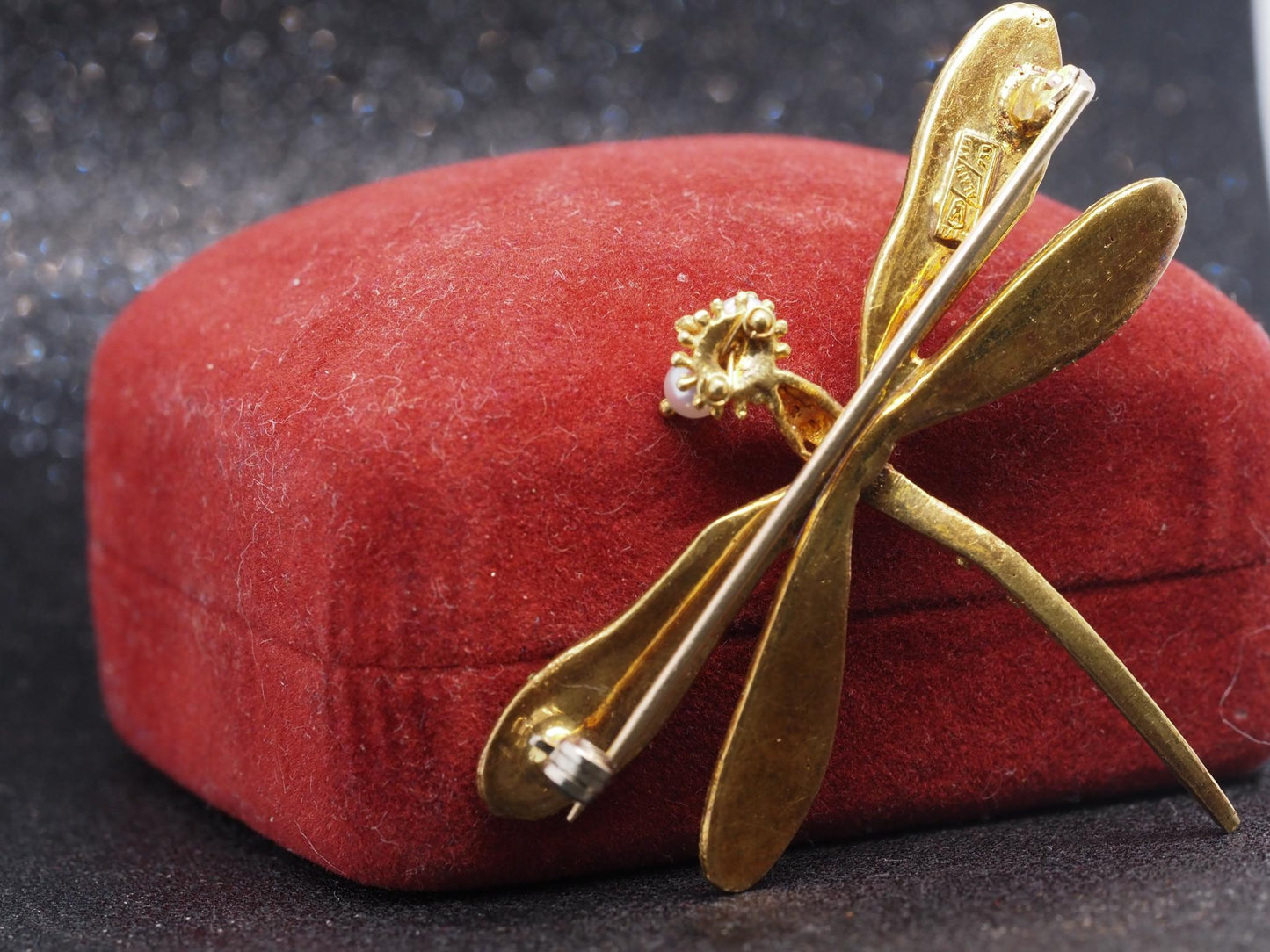 Estate 18K Yellow Gold Enamel Dragonfly Brooch with Enamel and Pearl - VHK#140C