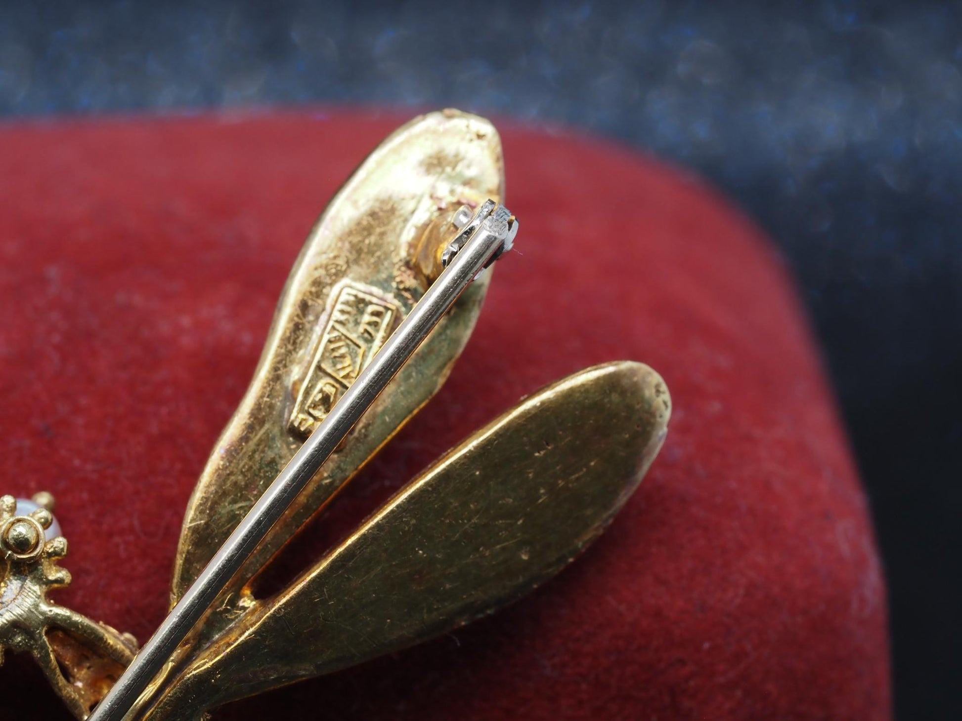 Estate 18K Yellow Gold Enamel Dragonfly Brooch with Enamel and Pearl - VHK#140C
