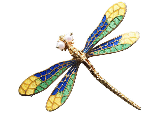Estate 18K Yellow Gold Enamel Dragonfly Brooch with Enamel and Pearl - VHK#140C