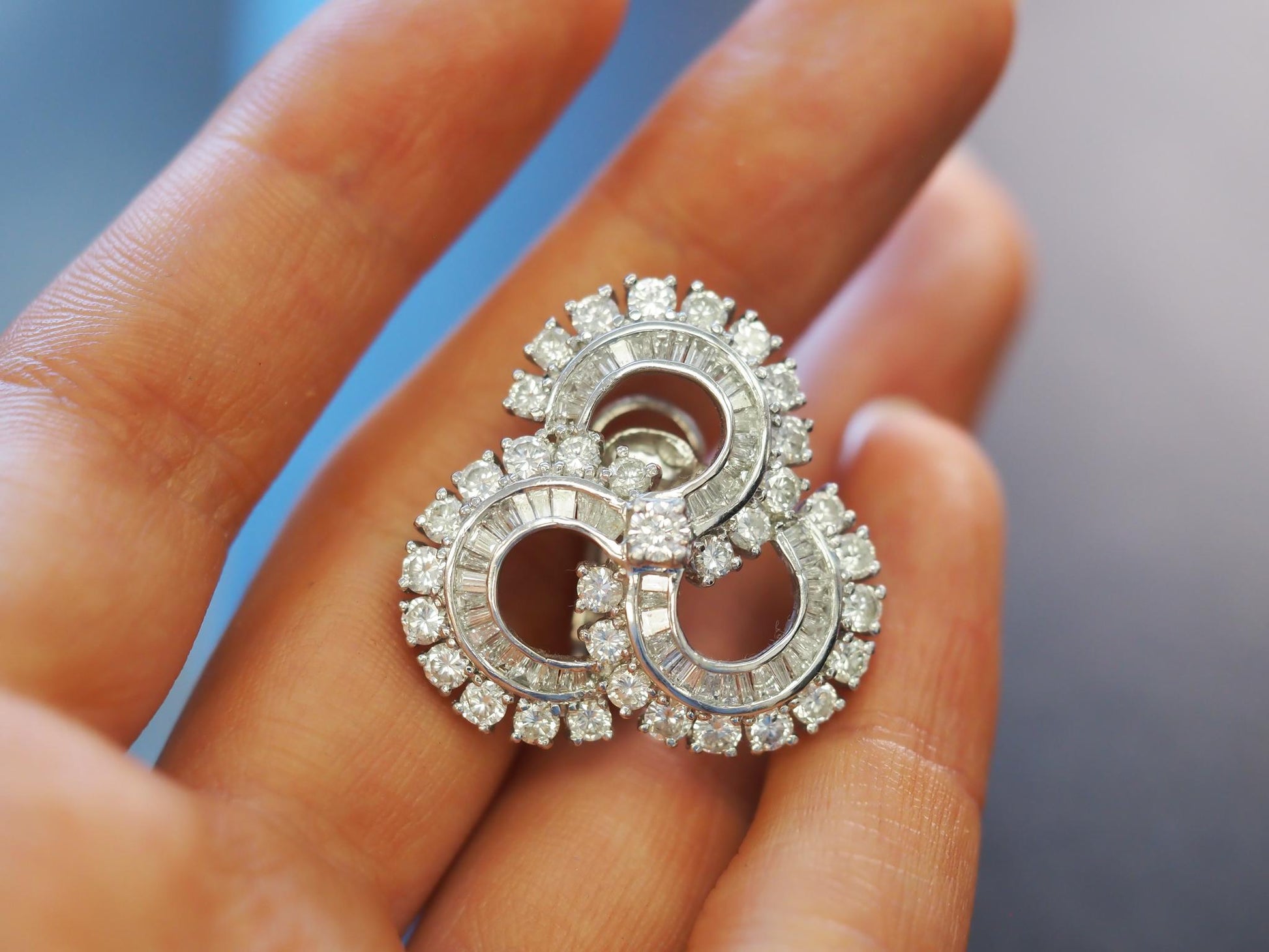 Estate Platinum & 18K White Gold Diamond Swirl Cluster Earrings -VHK#418A