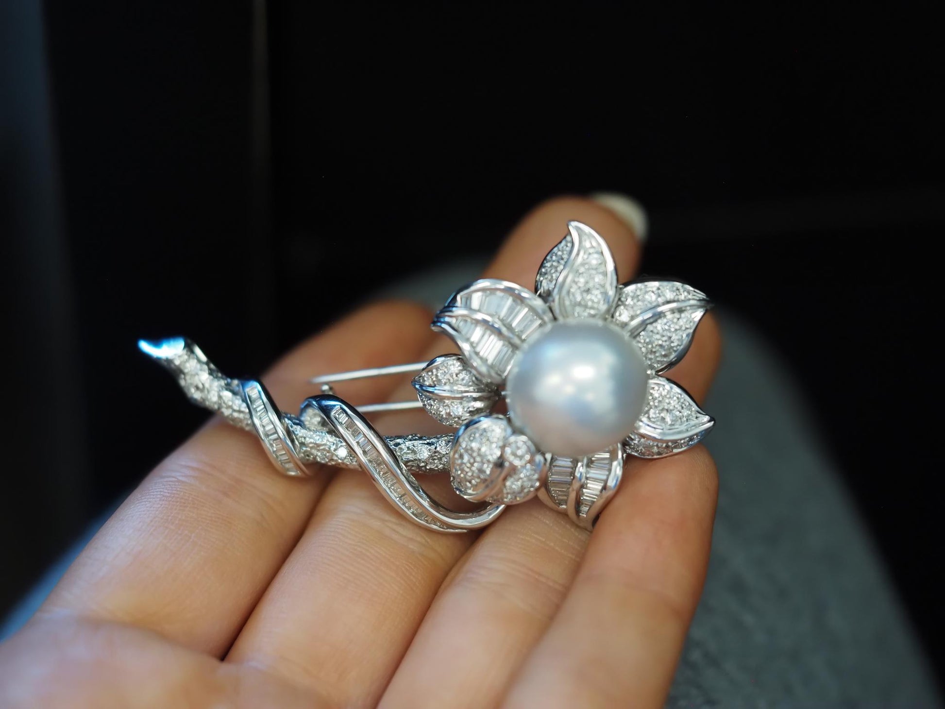 Estate 18K White Gold South Sea Pearl and Diamond Floral Brooch - VHK#426A