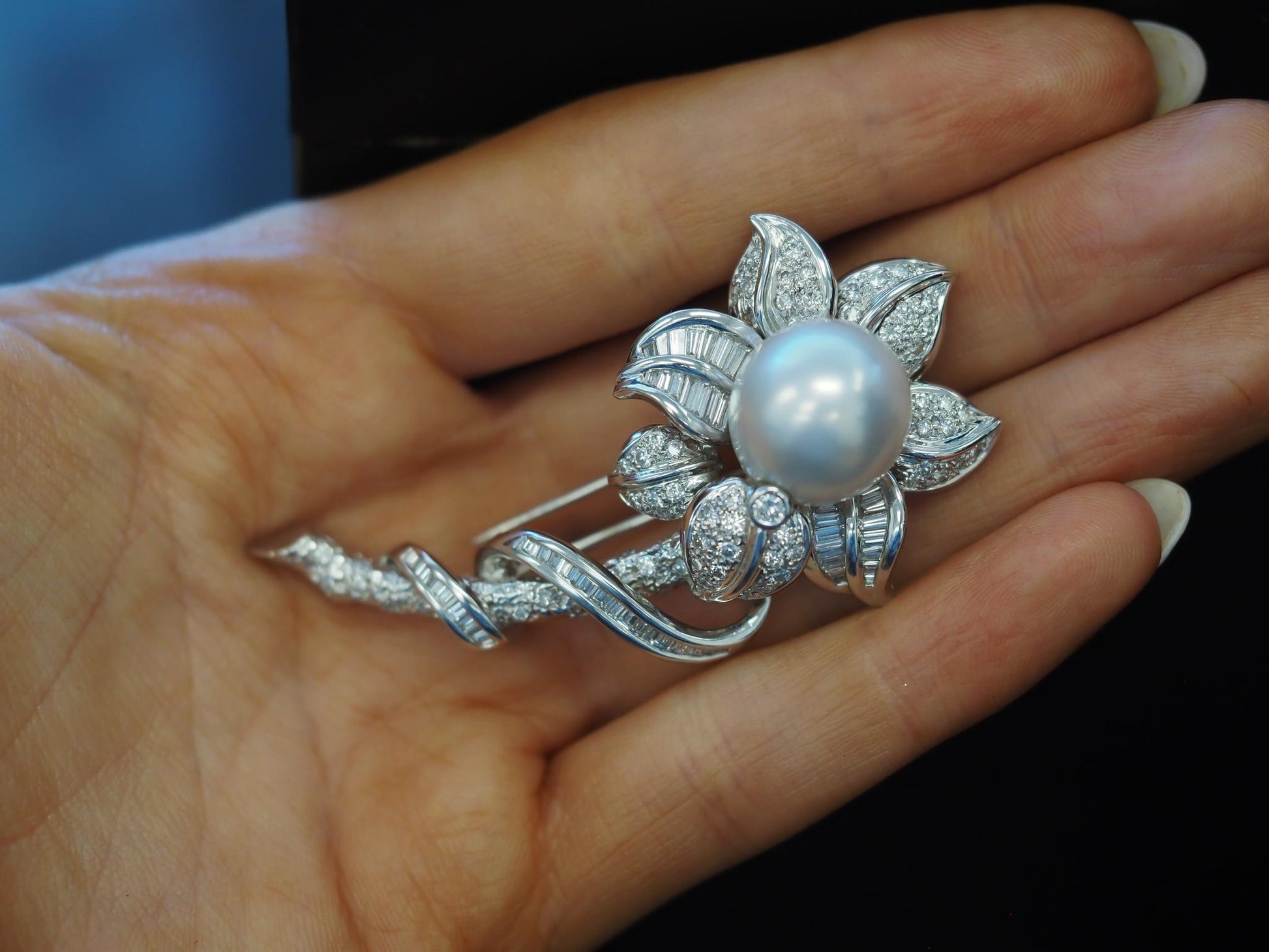 Estate 18K White Gold South Sea Pearl and Diamond Floral Brooch - VHK#426A