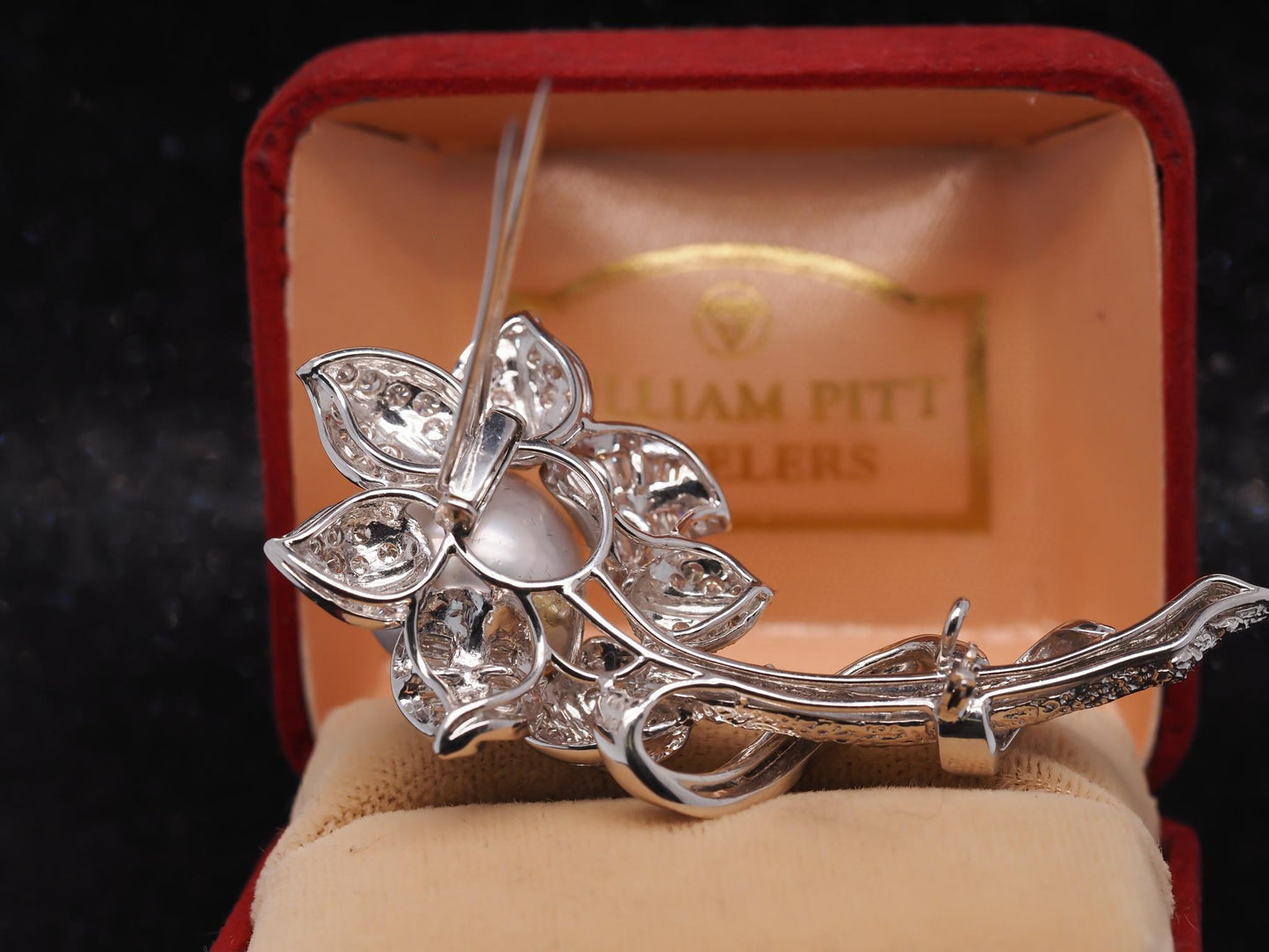 Estate 18K White Gold South Sea Pearl and Diamond Floral Brooch - VHK#426A