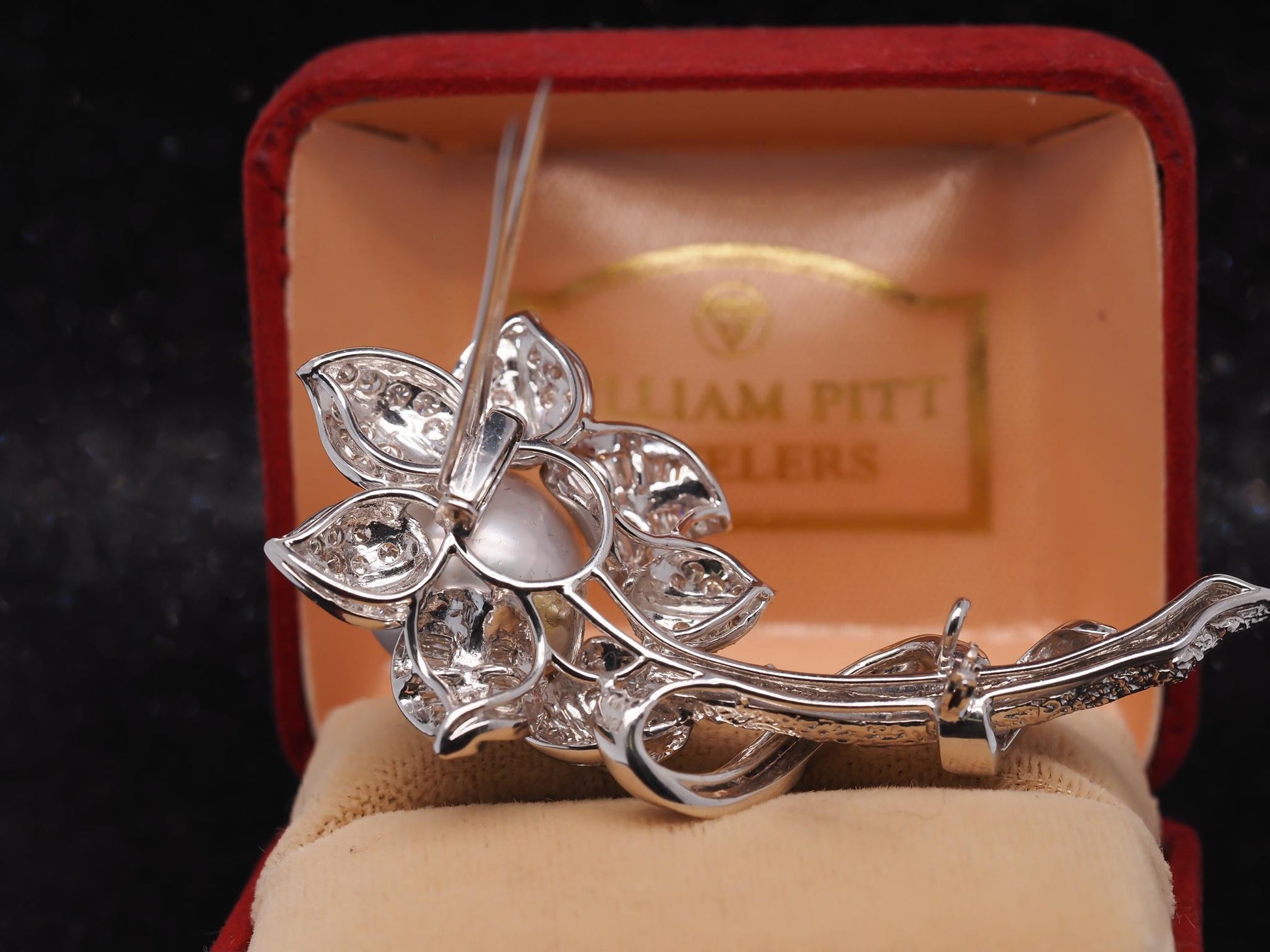 Estate 18K White Gold South Sea Pearl and Diamond Floral Brooch - VHK#426A