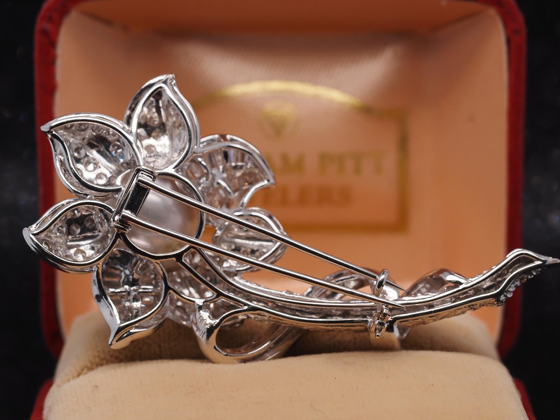 Estate 18K White Gold South Sea Pearl and Diamond Floral Brooch - VHK#426A