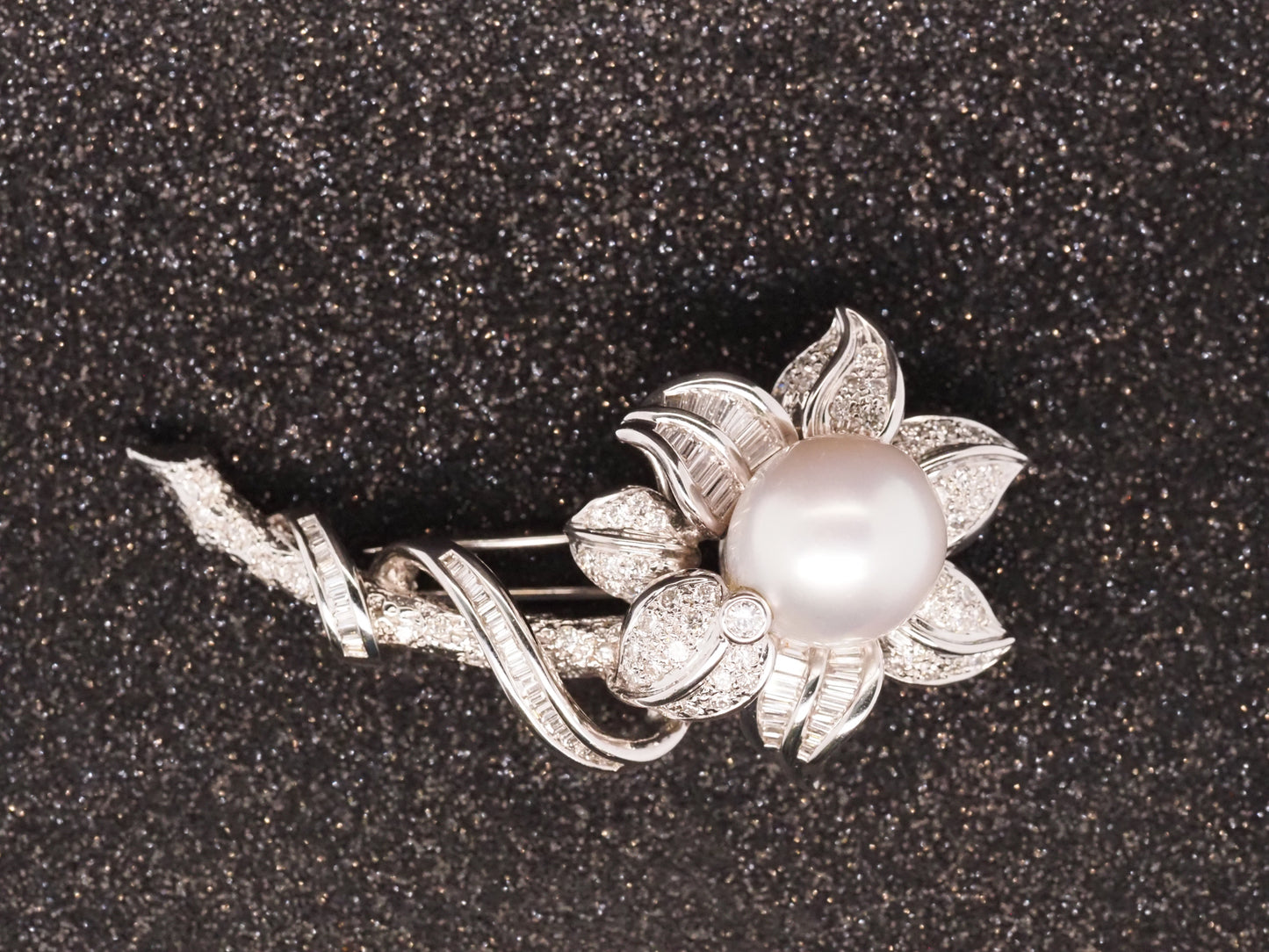 Estate 18K White Gold South Sea Pearl and Diamond Floral Brooch - VHK#426A