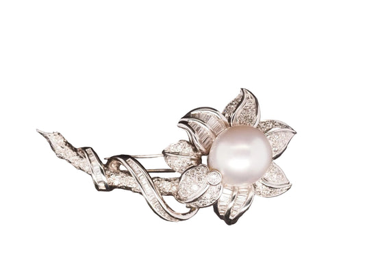 Estate 18K White Gold South Sea Pearl and Diamond Floral Brooch - VHK#426A