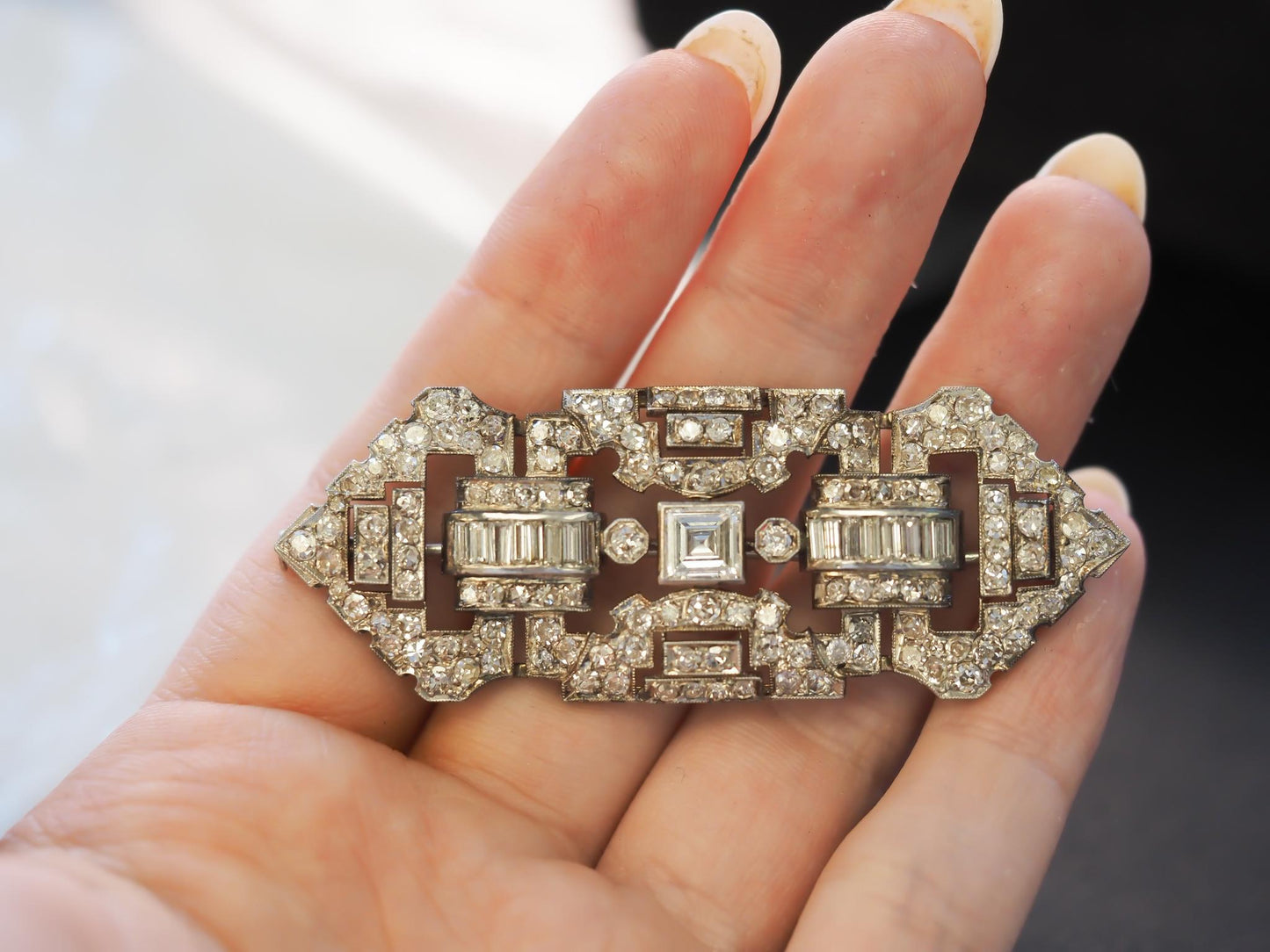 Estate Art Deco Platinum Carre Cut Diamond and Old Cut Diamond Brooch - VHK#882a