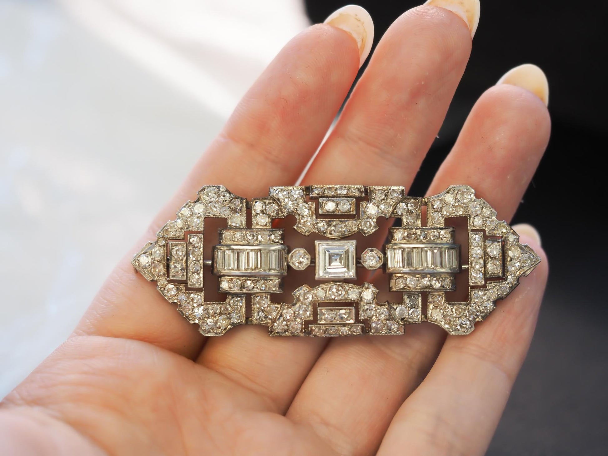 Estate Art Deco Platinum Carre Cut Diamond and Old Cut Diamond Brooch - VHK#882a