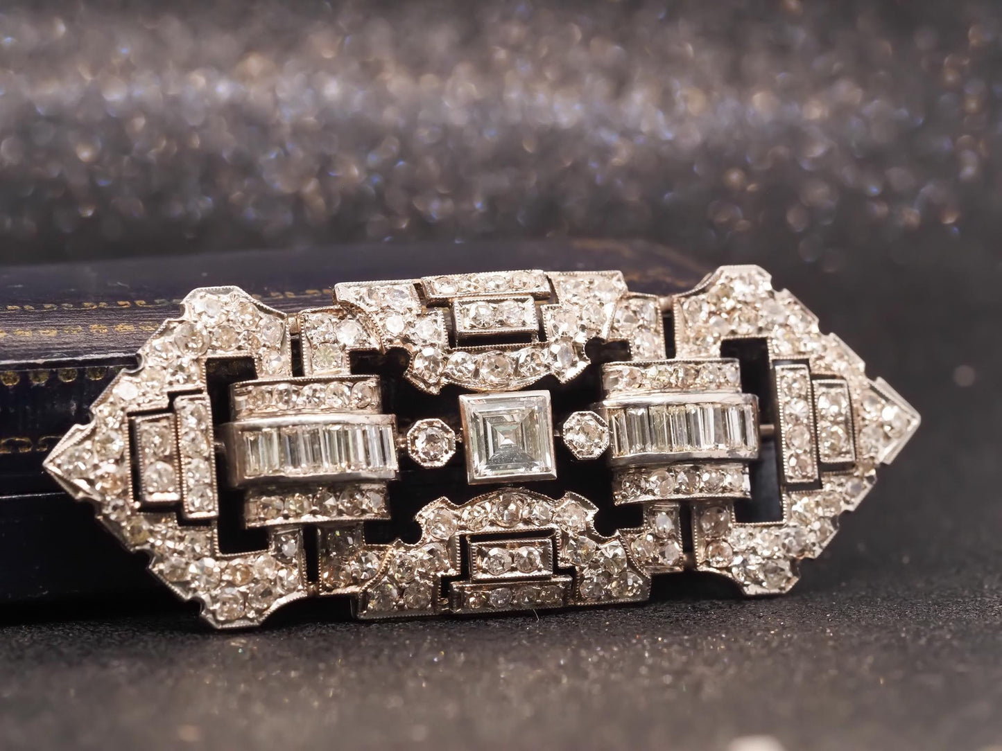 Estate Art Deco Platinum Carre Cut Diamond and Old Cut Diamond Brooch - VHK#882a
