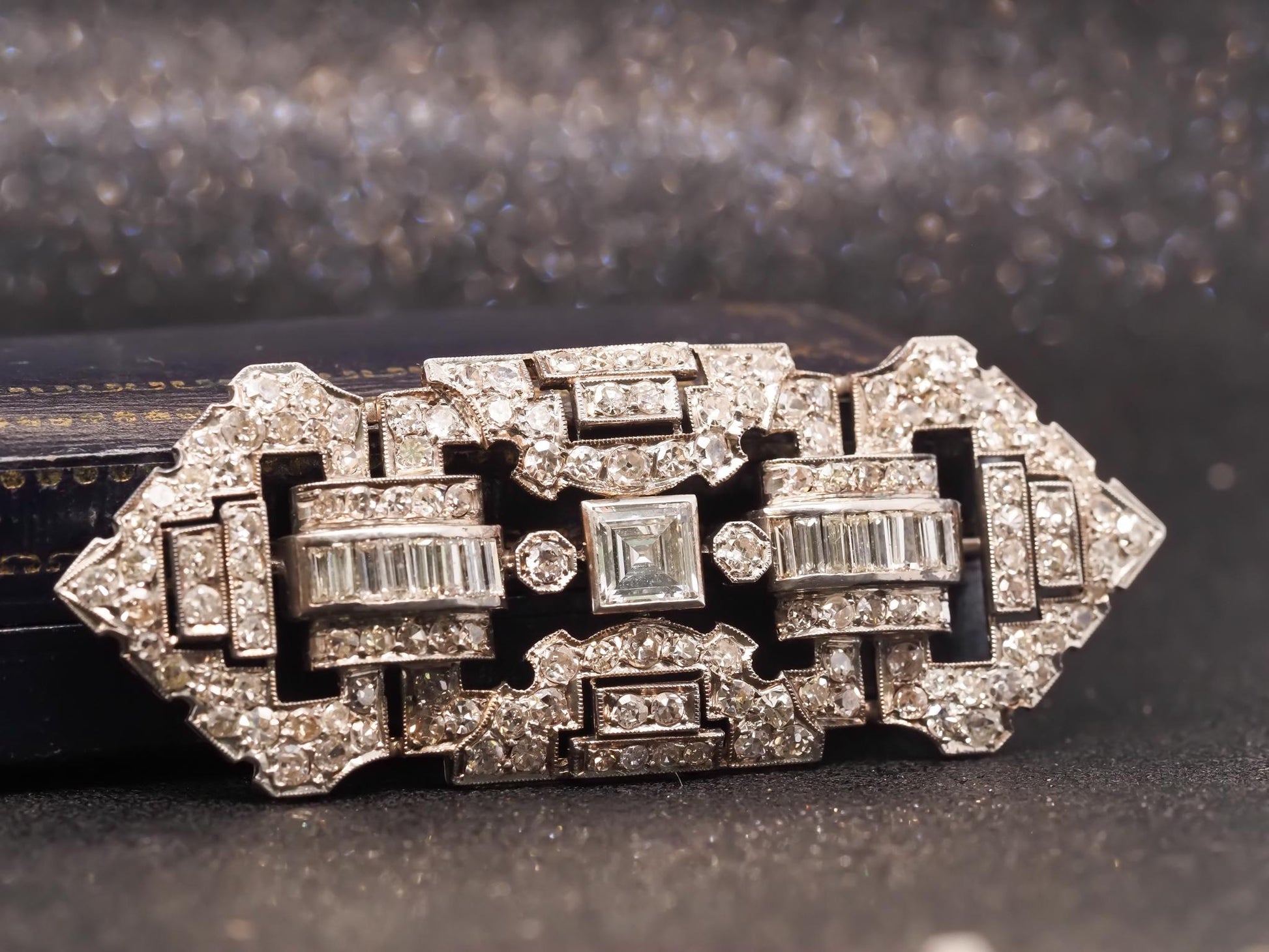 Estate Art Deco Platinum Carre Cut Diamond and Old Cut Diamond Brooch - VHK#882a
