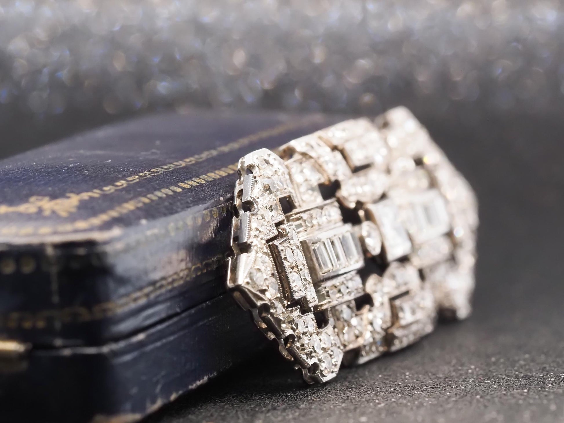 Estate Art Deco Platinum Carre Cut Diamond and Old Cut Diamond Brooch - VHK#882a