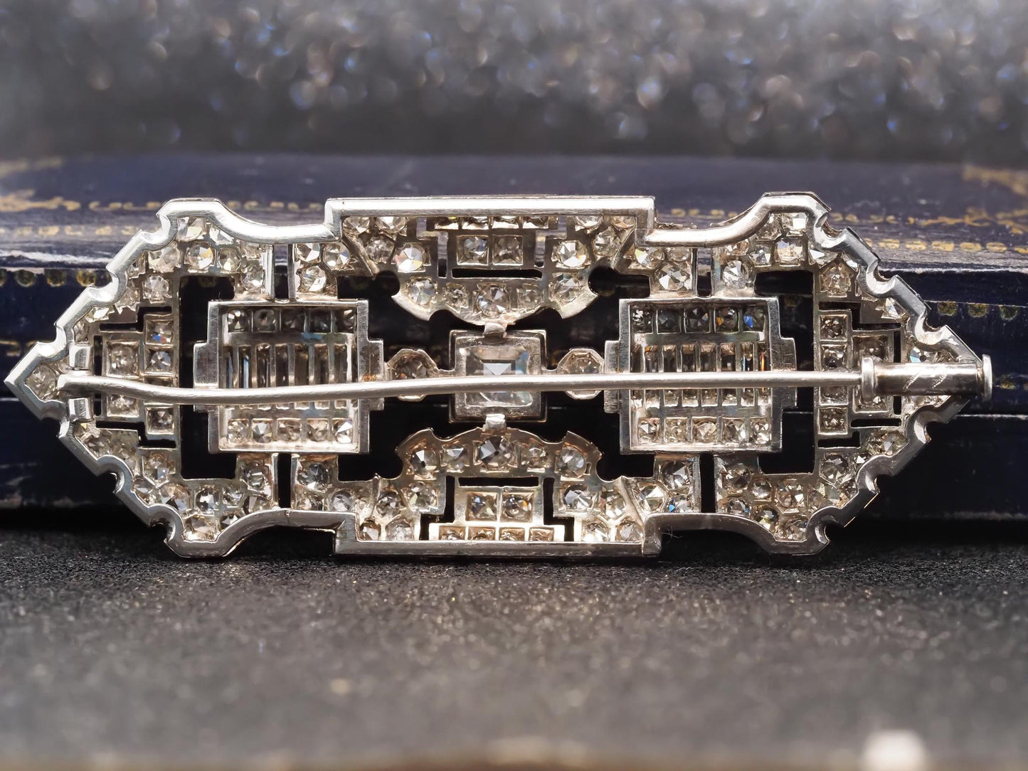 Estate Art Deco Platinum Carre Cut Diamond and Old Cut Diamond Brooch - VHK#882a