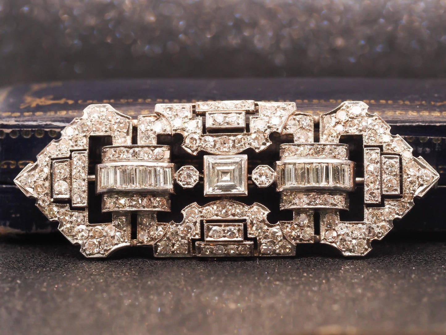 Estate Art Deco Platinum Carre Cut Diamond and Old Cut Diamond Brooch - VHK#882a