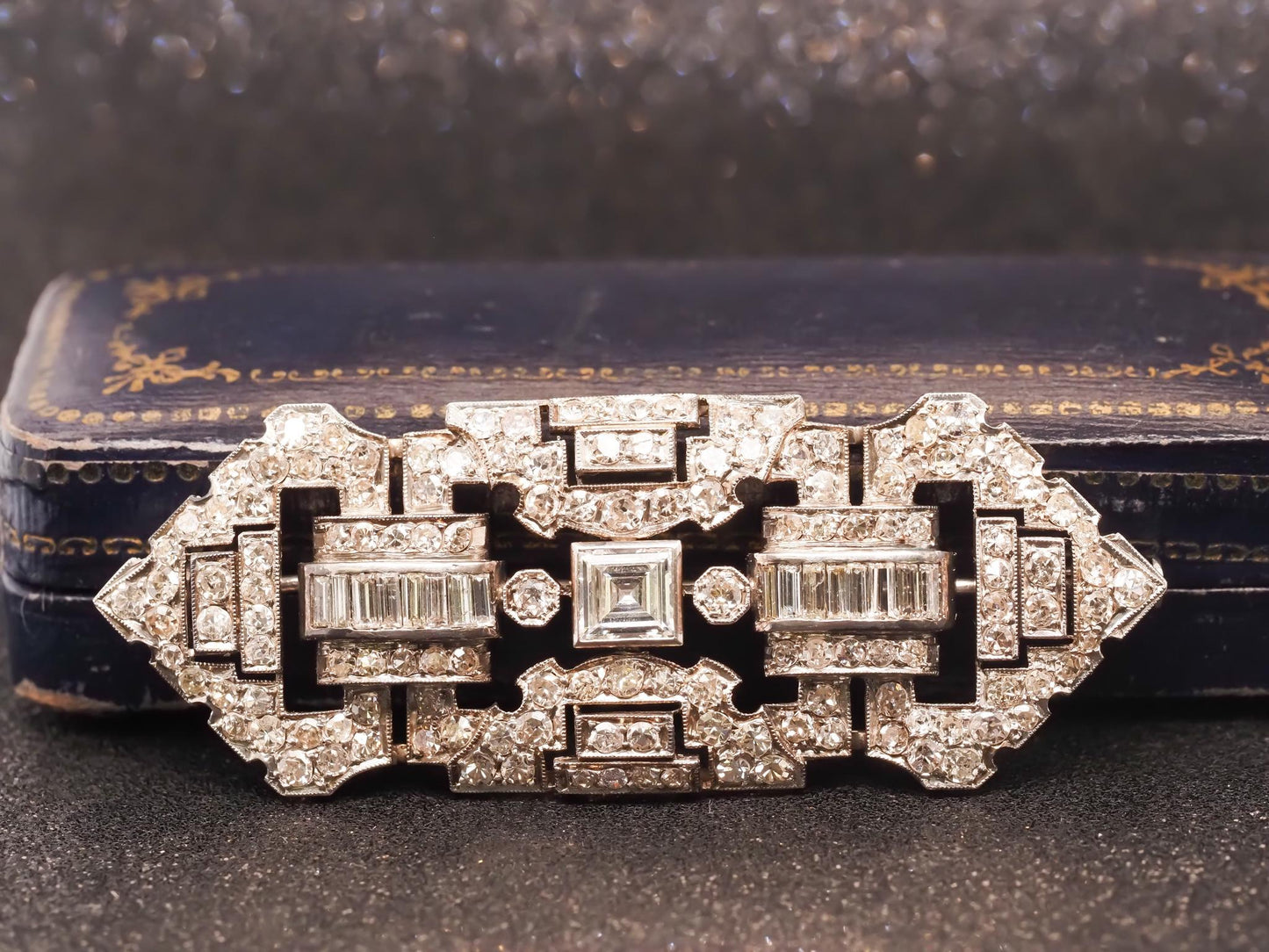 Estate Art Deco Platinum Carre Cut Diamond and Old Cut Diamond Brooch - VHK#882a