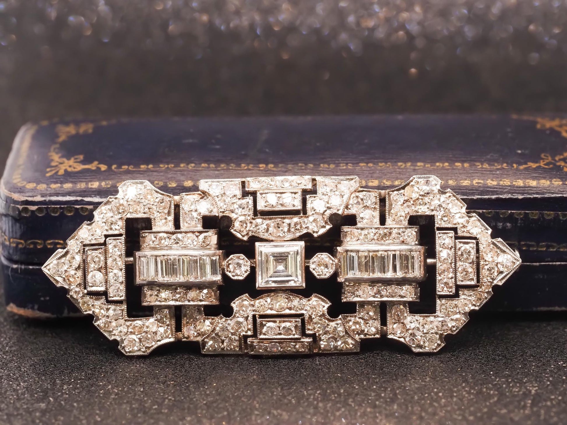 Estate Art Deco Platinum Carre Cut Diamond and Old Cut Diamond Brooch - VHK#882a