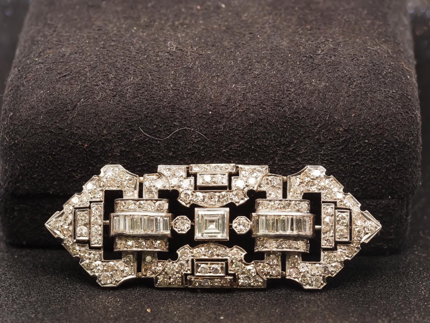 Estate Art Deco Platinum Carre Cut Diamond and Old Cut Diamond Brooch - VHK#882a