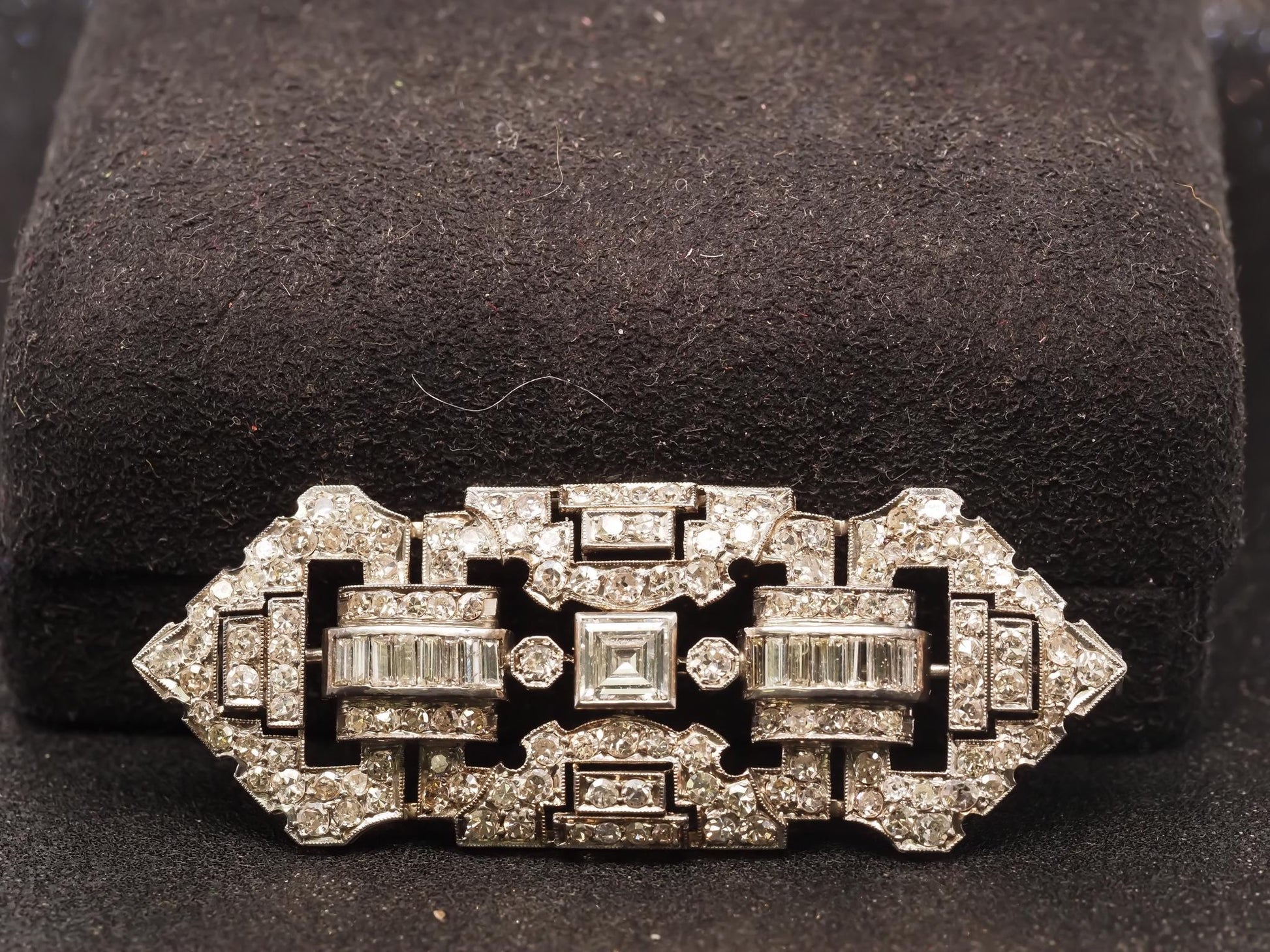 Estate Art Deco Platinum Carre Cut Diamond and Old Cut Diamond Brooch - VHK#882a